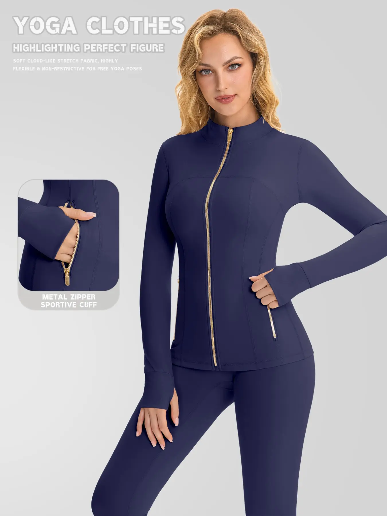 Women's Gold Color Zipper Jacket, Breathable Quick-Dry Long Sleeve Sporty Coat, Pocket Design for Outdoor Running, Cycling, Daily Wear