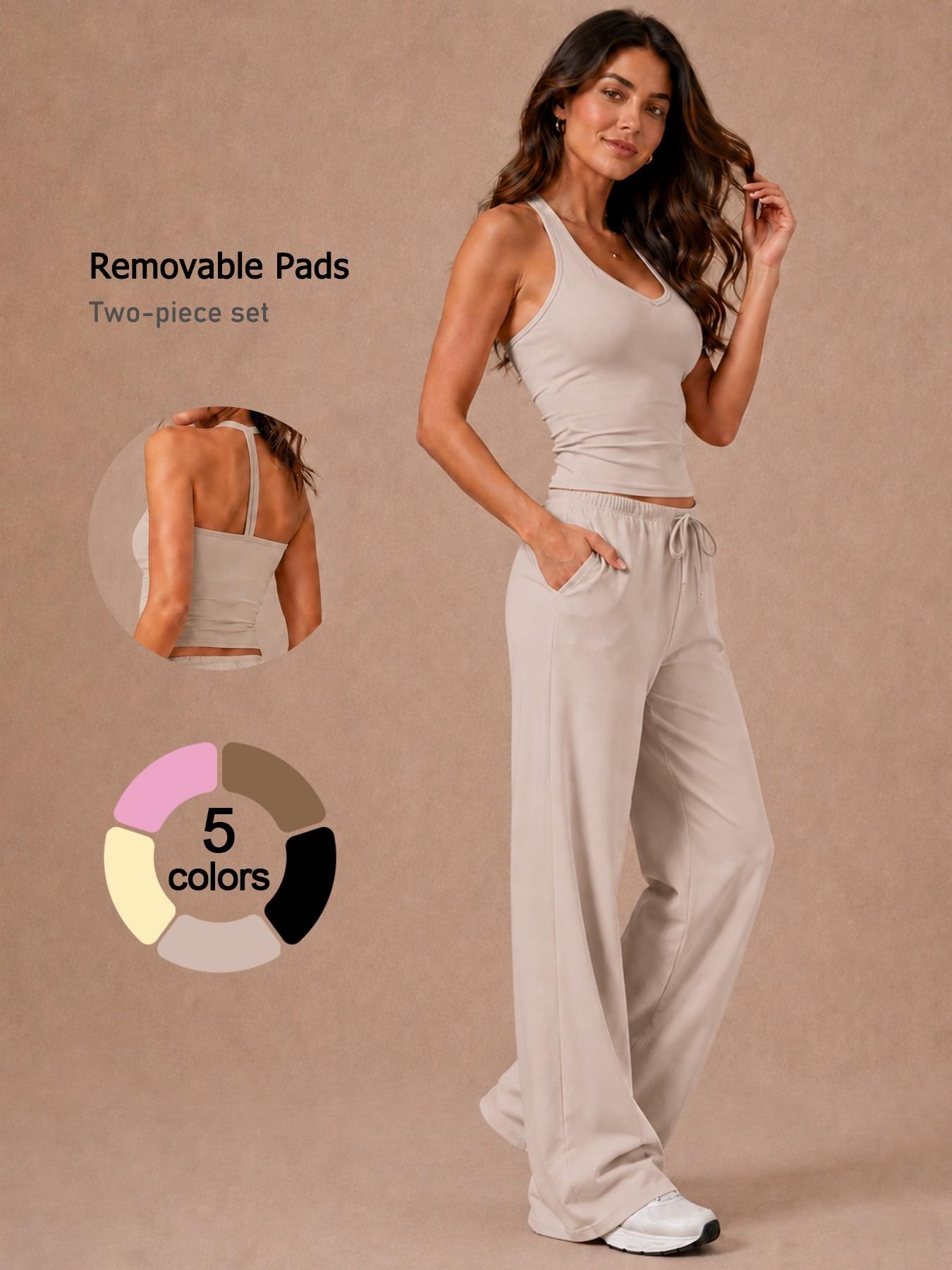Two-Piece Women's Tank Top & Long Pants Set, Casual Fitness Wear, High Stretch Activewear, Quick-Dry Breathable Fabric, Sporty Top with Removable Pads & Adjustable Drawstring Wide-Leg Pants for Gym & Yoga, Summer Outfit, Sportswear