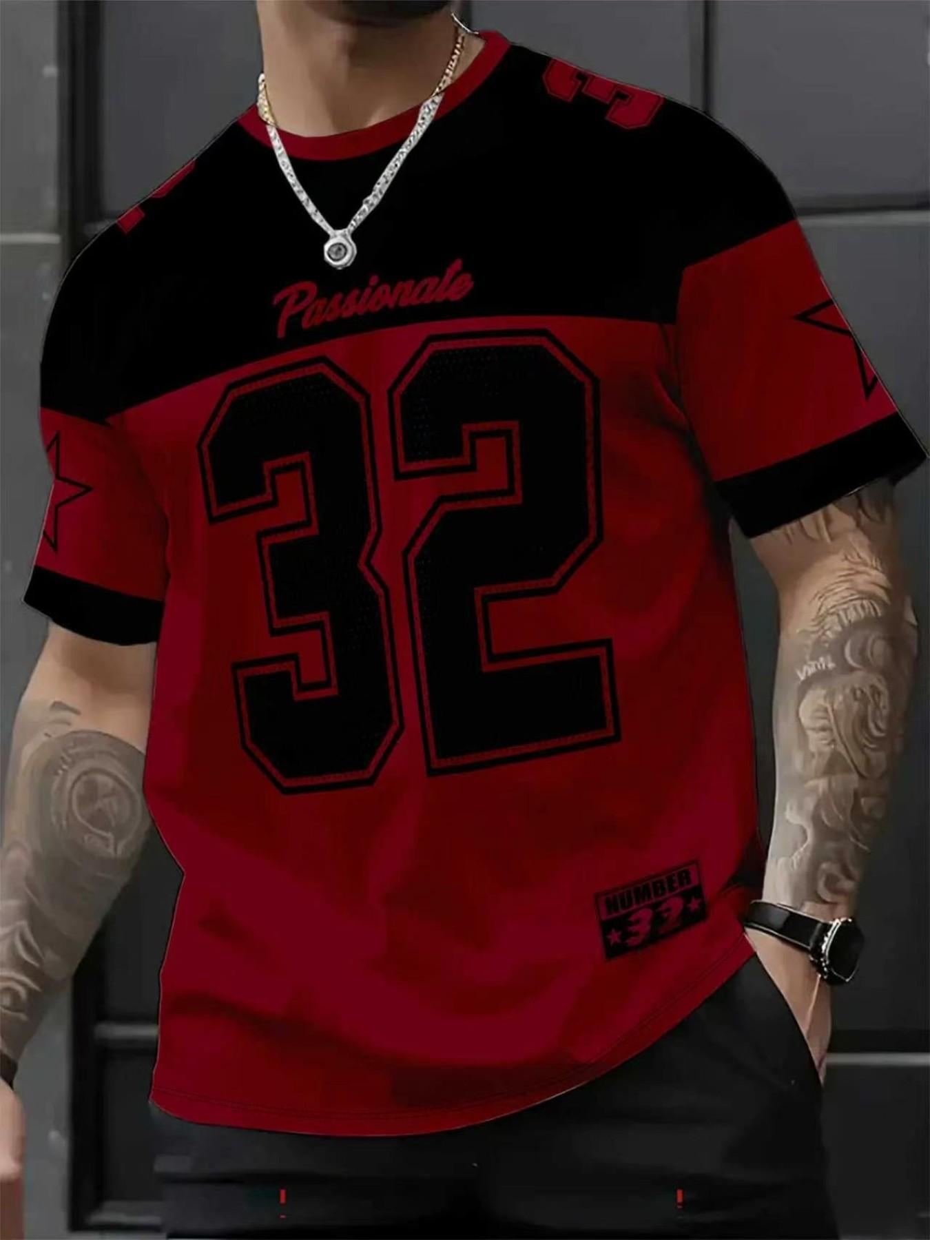 Men's Casual Round Neck Short Sleeve T-Shirt, 3D Star Number Print Football Jersey, Fitted All Seasons Sports Shirt