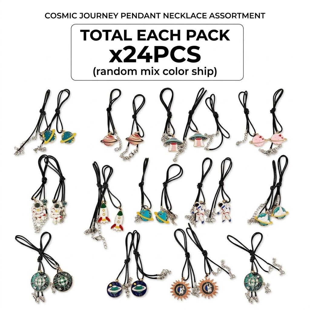 24pcs Space Theme Party Necklaces for Kids, Enamel Astronaut Planet Rocket Ufo Pendants, Galaxy Birthday Party Supplies, Boys Girls Gift Fillers
