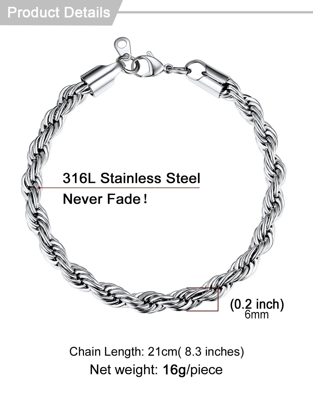 U7 Twisted Rope Chain Bracelet Cuban Chain Figaro Chain Daily Casual 3/6/9mm Bracelet for Men Women Stainless Steel Hypoallergenic Strong Link Braided Wrist Chain Bracelet