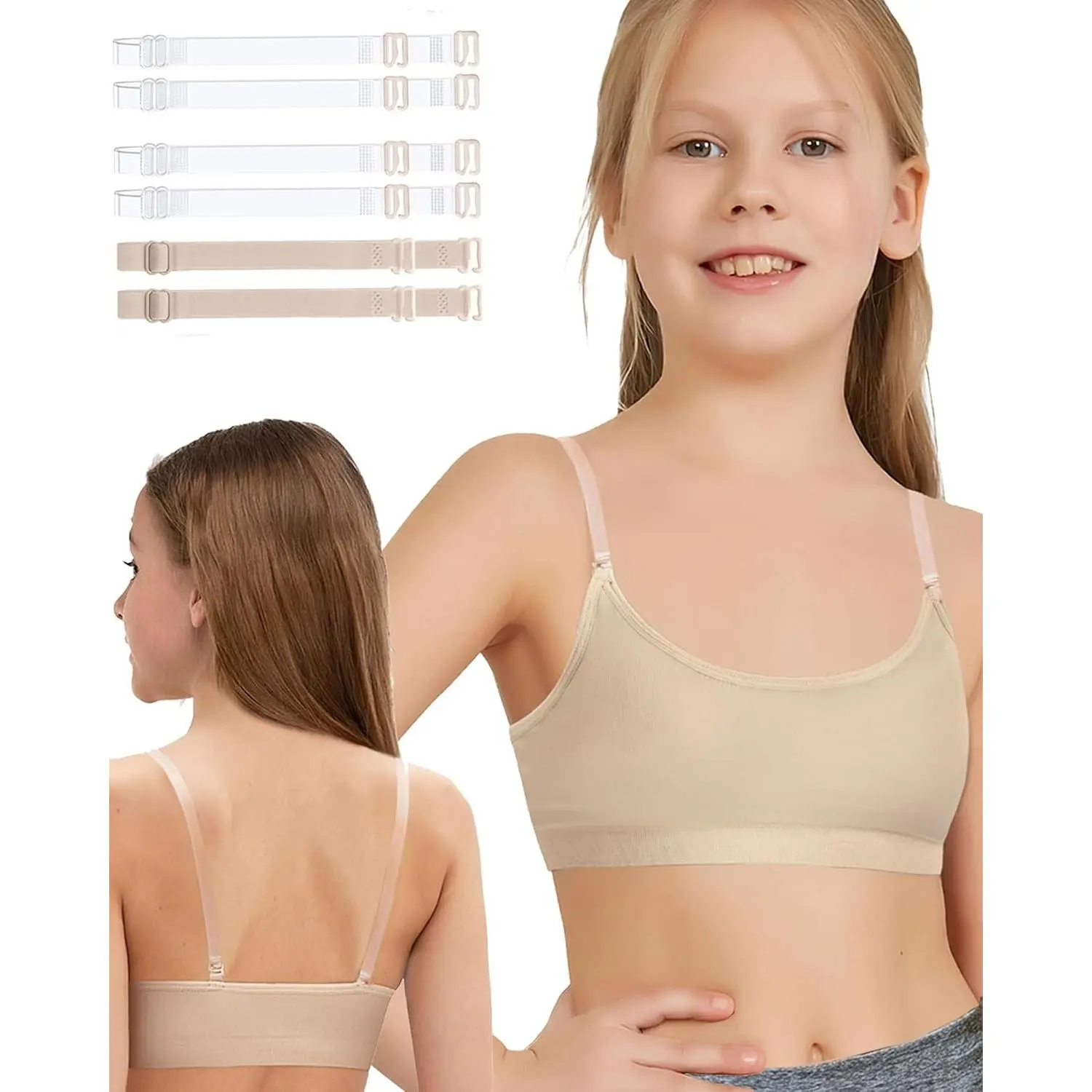 Girls Seamless Clear Strap Bra for Ballet Dance Sports and Gymnastics Training, Adjustable Bralette for Kids TeensGift