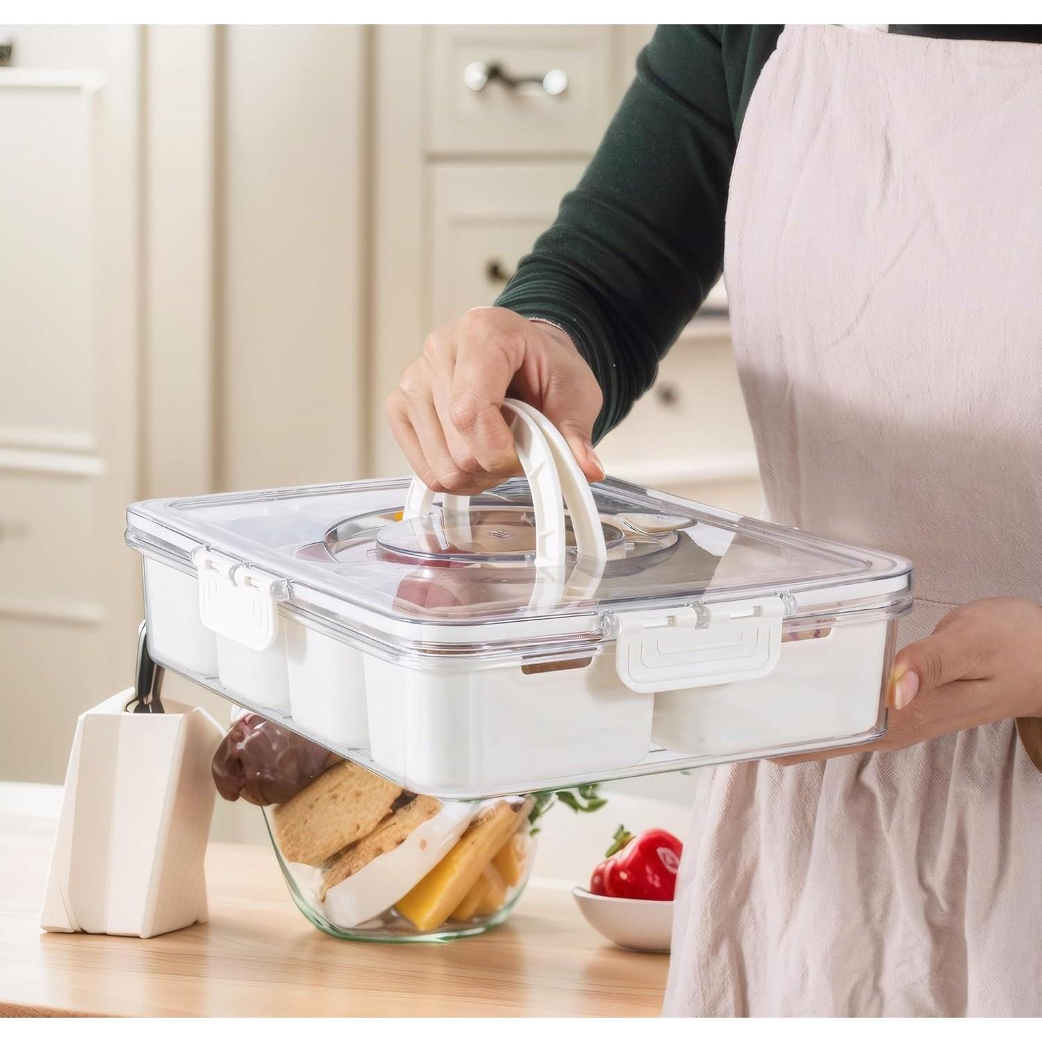 4/8 Compartment Transparent Snack Box with Lid & Handle, Plastic Kitchen Sealed Container, Portable Food Organizer for Lunch, Travel, Camping, Plastic Food Containers, Food Storage, Clear Container