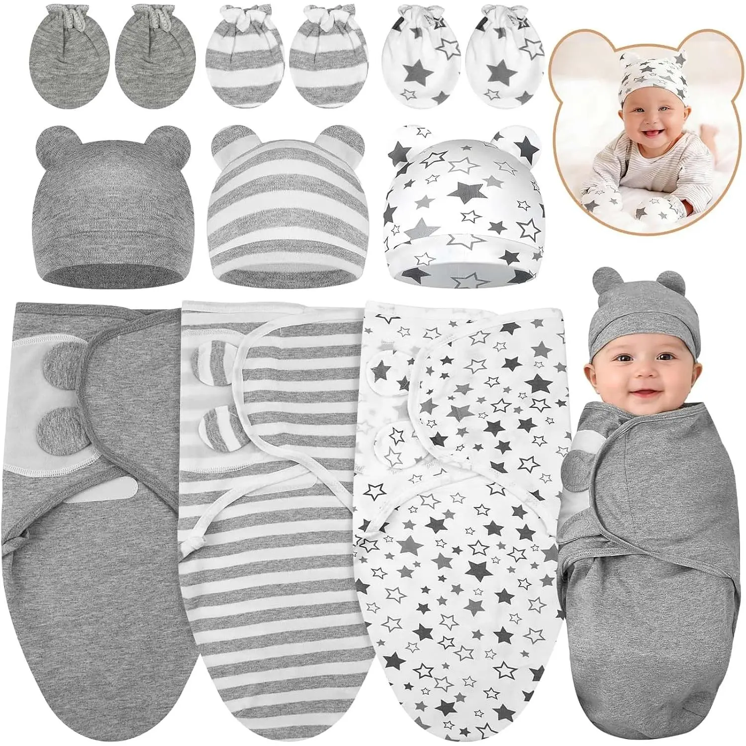 3 Pack Preemie Swaddle Wrap Set with Hat & Mittens, Adjustable Cotton Baby Swaddle Blanket for Preemie Newborn Boys & Girls, 4-7 Lbs Infant Sleep Wrap, Newborn Essentials Gift Set