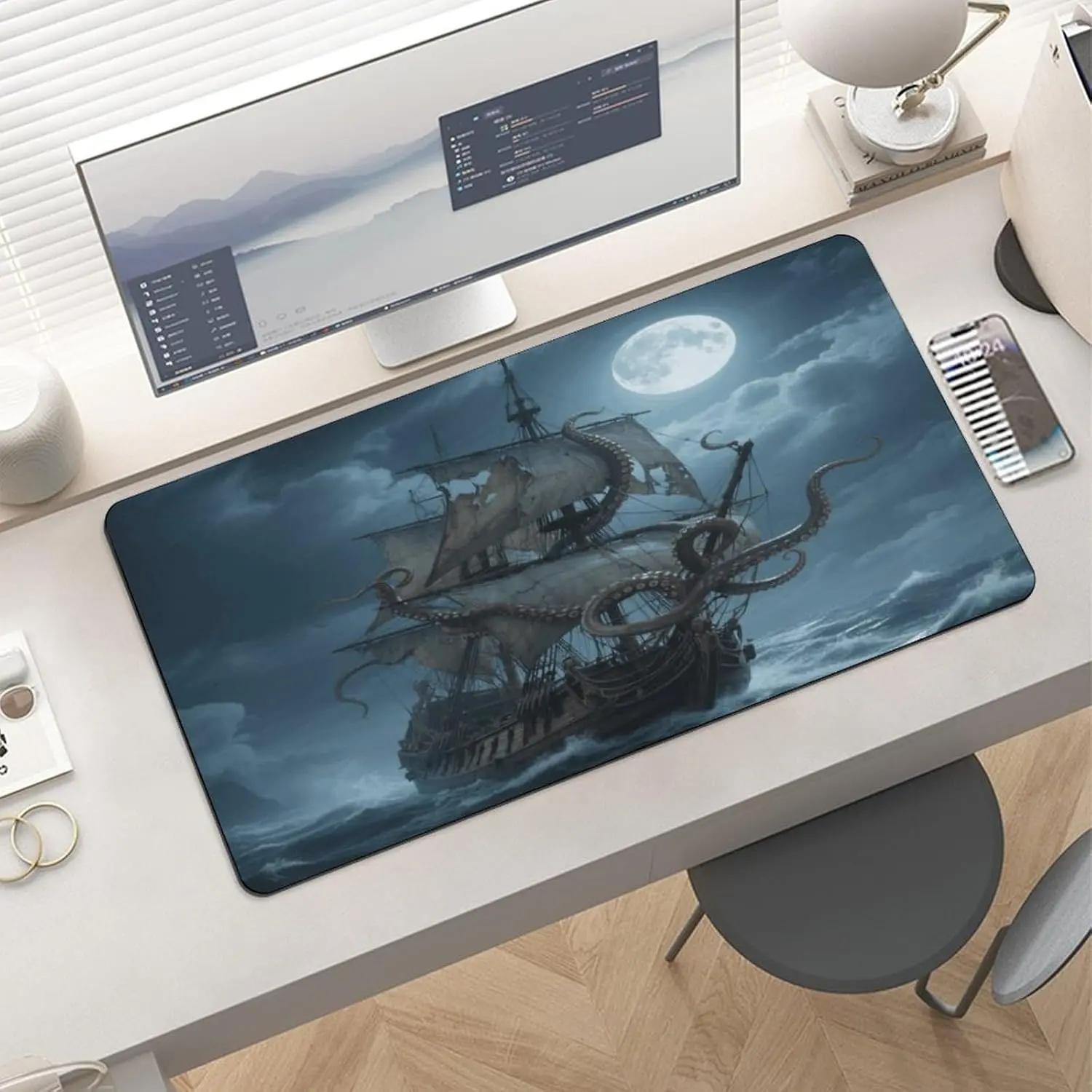 Extended Octopus Kraken Pirate Boat Ocean Desk Pad Blotter 24x12 Inch Waterproof Rubber  Mouse Pads Ultra-Smooth Non-Slip Keyboard Mat for Office Home Desktop Protector Thin Laptop Writing Mats