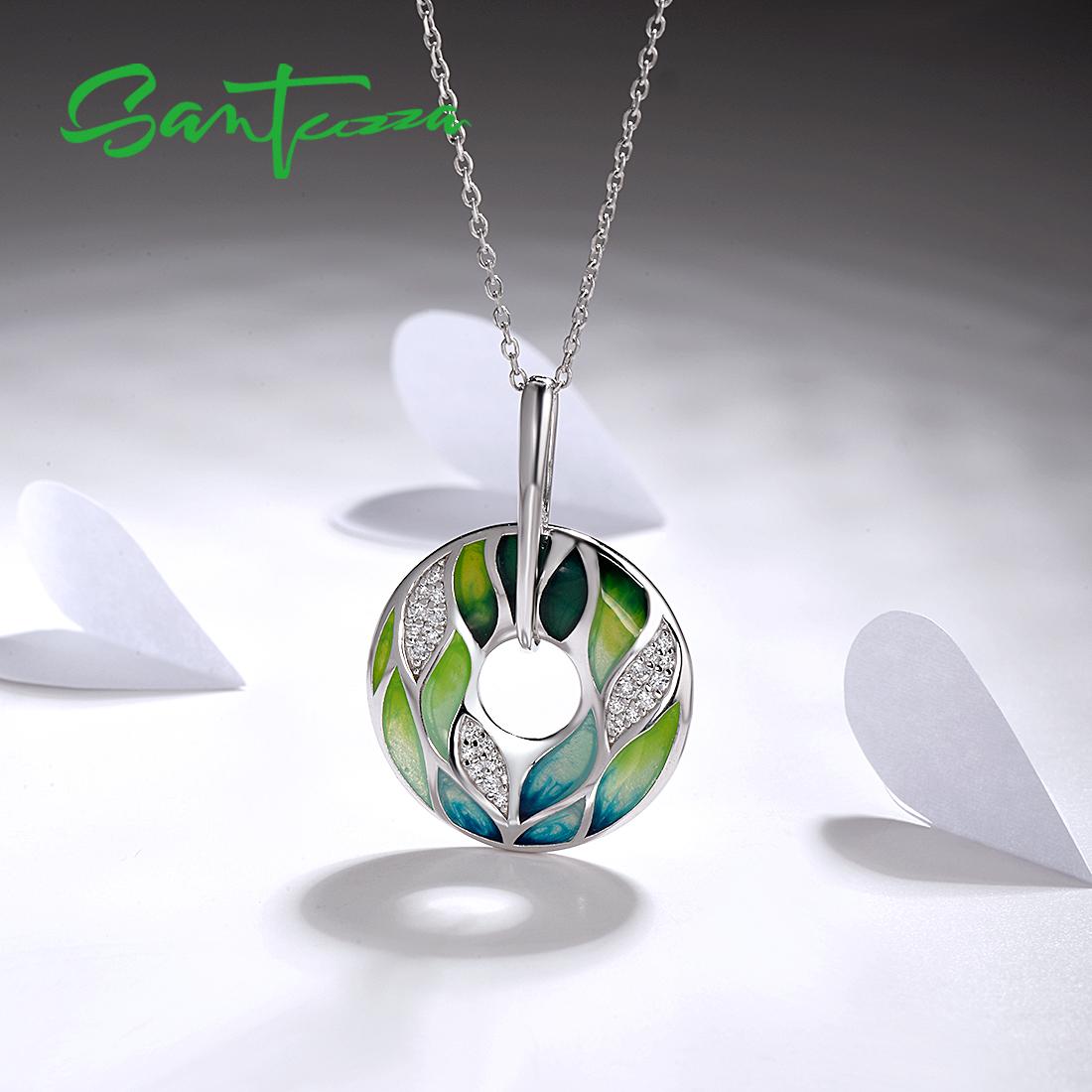 SANTUZZA 925 Silver White Cubic Zirconia Green Enamel Pendant Without Chain Leaf Circle Shaped Fashion Jewelry