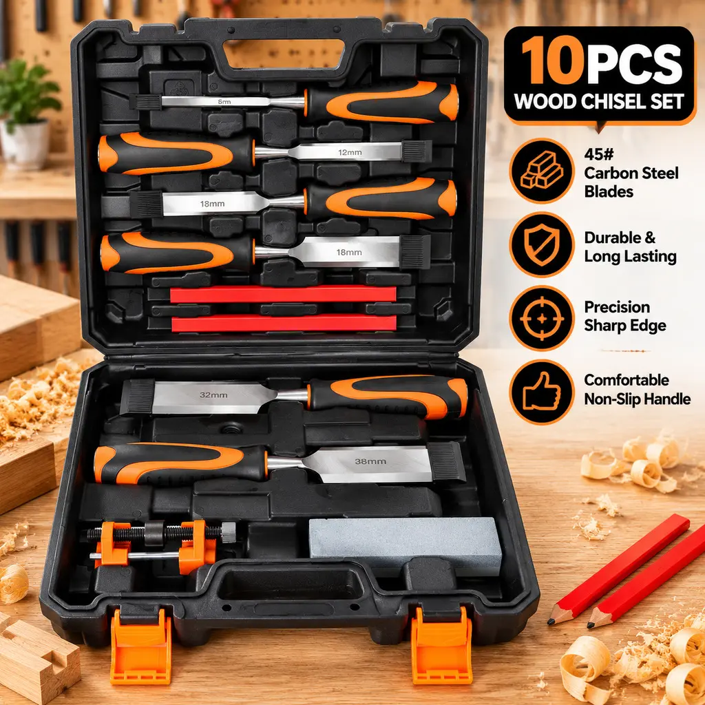 Littleox 10Pcs Premium Wood Chisel Set, 6 Wood Chisels + Honing Guide + Sharpening Stone + 2 Carpenter Pencils, 45# Carbon Steel Blades Ergonomic Handle with Storage Case, Wood Carving Chisel Kit for Beginners & Professional Woodworkers