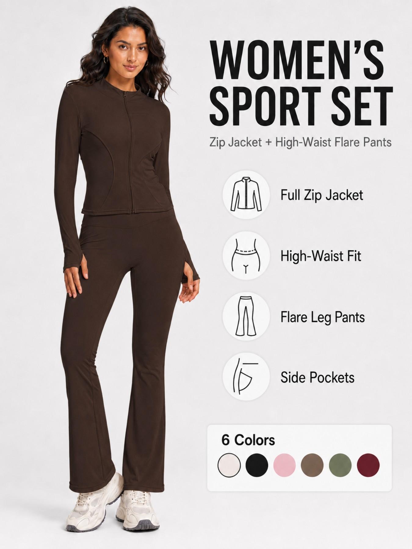 Women's Sport Set 2 Piece Outfits, Slim Fit High Stretch Activewear Running Zip Up Jacket and High Waist Flared Yoga Pants Tracksuit with Pockets Sportswear Set Athletic Clothes Set