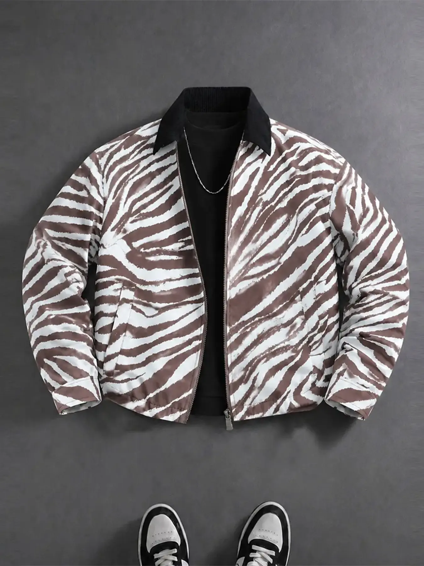 Zebra Print Men's Lapel Jacket, Colorblock Long Sleeve, Loose-Fit, Casual Style, All Seasons, Windproof Fabric, Unisex Fashion, Loose Casual Outerwear