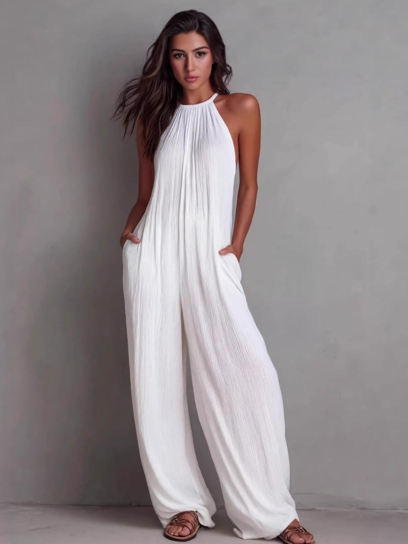 2026 New Fashion Halter Neck Sleeveless Solid Color Ruched Back Wide Leg Romper Jumpsuit, High-End Resort Style Casual Loose Fit Long Pants, Suitable for Work and Daily Outing