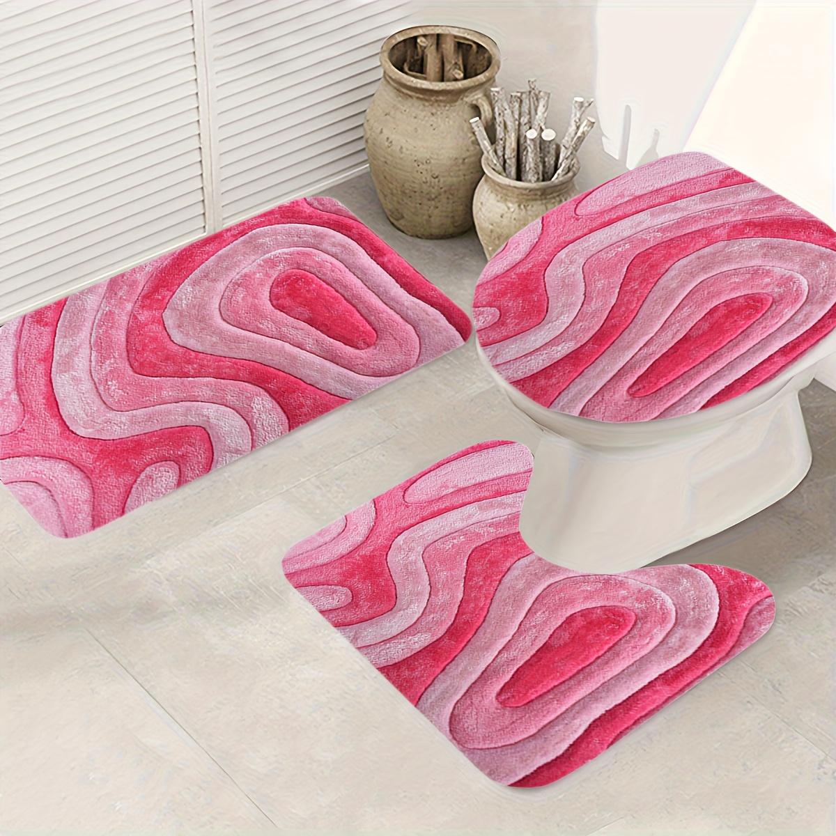 2D Flat, 3pcs Bathroom Mat Set in Soft-Toned Abstract Pink Ripple Print, Includes Toilet Lid Cover and U-Shaped Toilet Mat, Made of Flannel with Soft Surface, Thanksgiving Decoration, 2D Flat