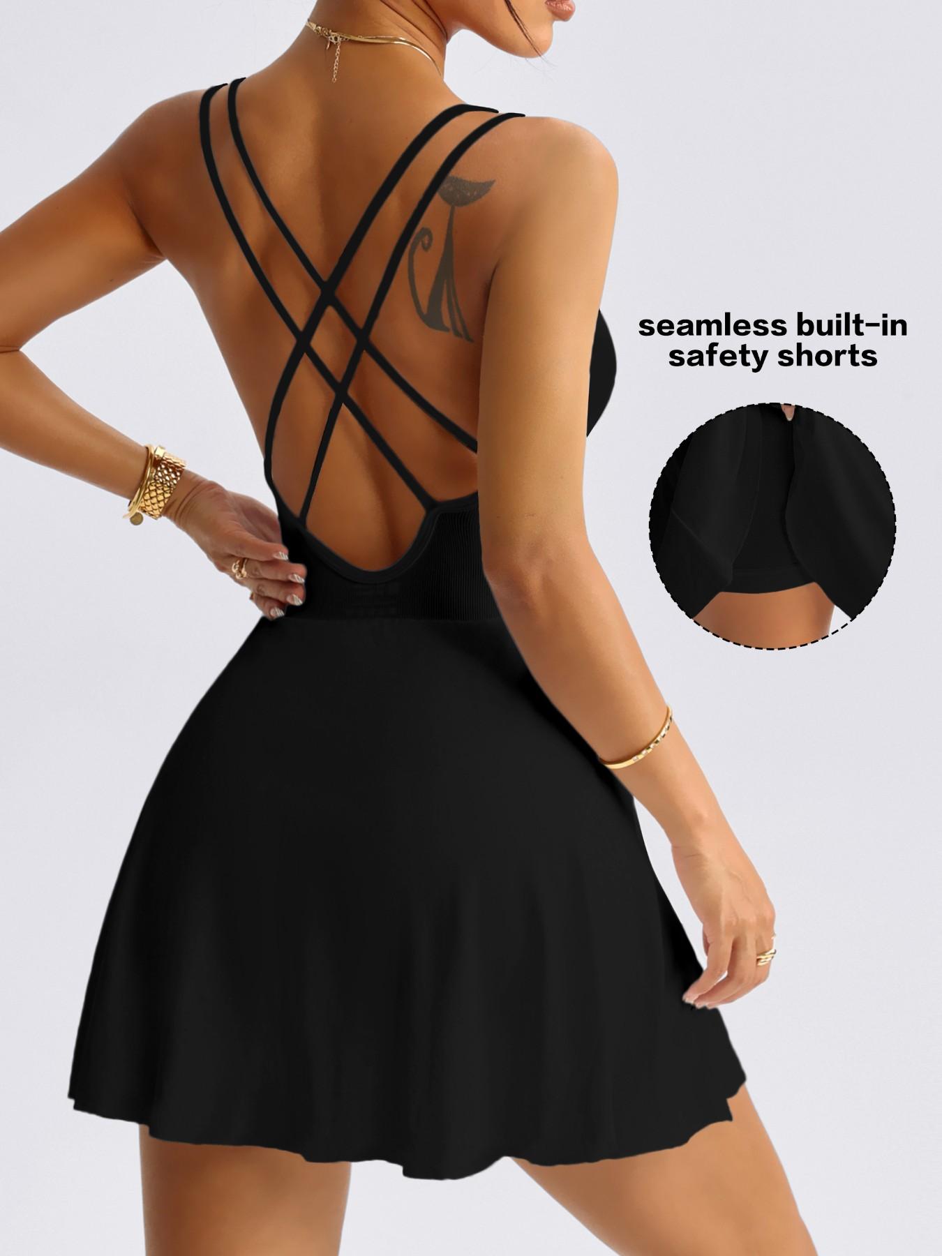 Women's Backless Criss Cross Sports Dress with Removable Pads, Mini Yoga Skirt, Fitted Above the Knee, Casual Tennis Dress, All Seasons