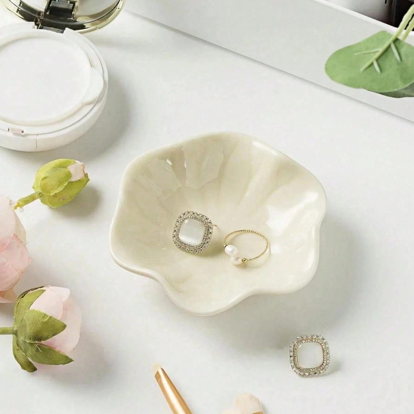 Multifunctional Jewelry Organizer Tray, Decorative Ceramic Lotus Leaf Tray, Holds Earrings, Rings, Necklaces, Bracelets, Keys, Coins, Ideal for Vanity, Nightstand, Bathroom, Desk