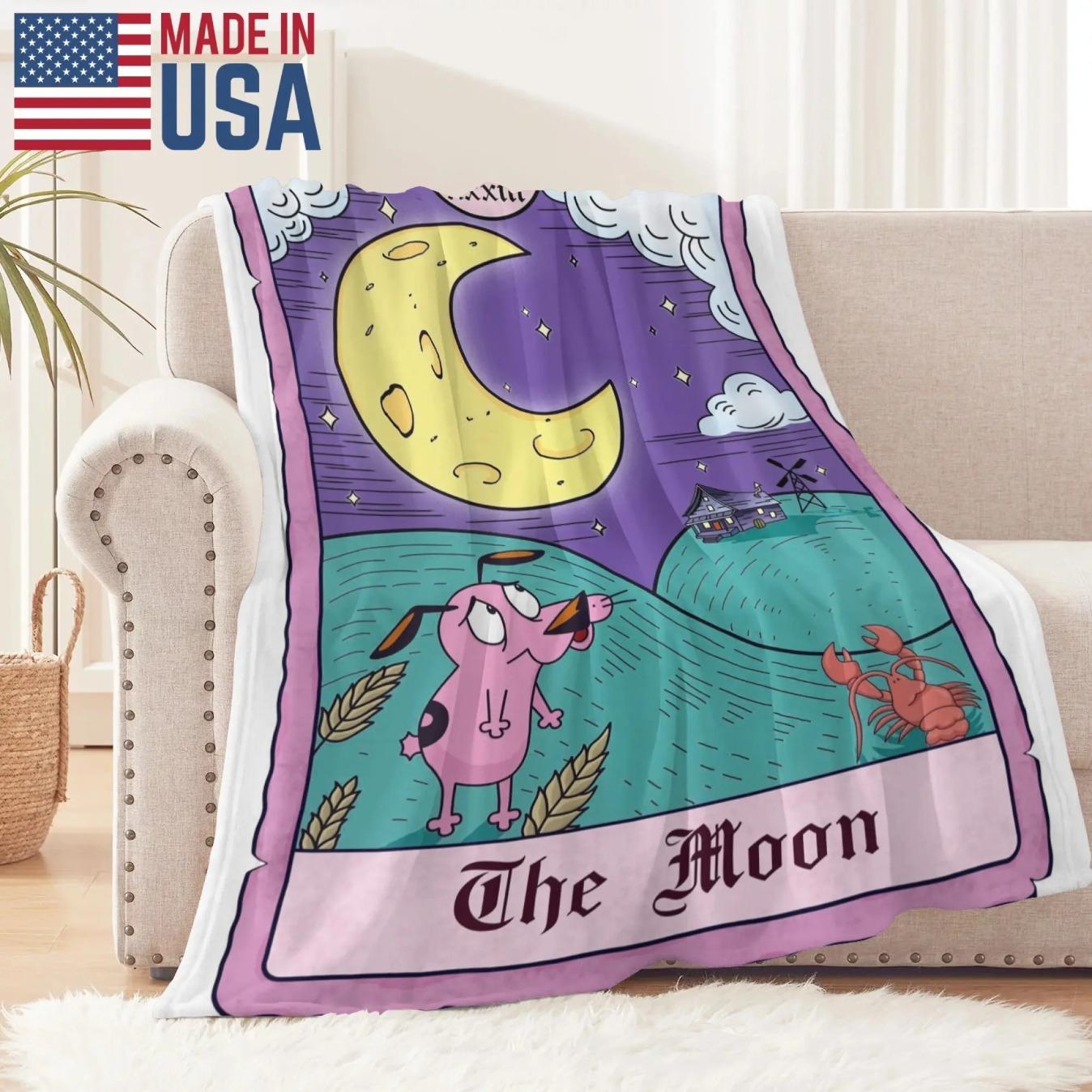 Courage Cowardly Dog Moon Tarot Card Flannel Fleece Blanket Soft Cozy Throw Blanket Retro Cartoon Mystical Gothic Plush Bed Sofa Couch Blanket Halloween Gift Fall Decor for Fans