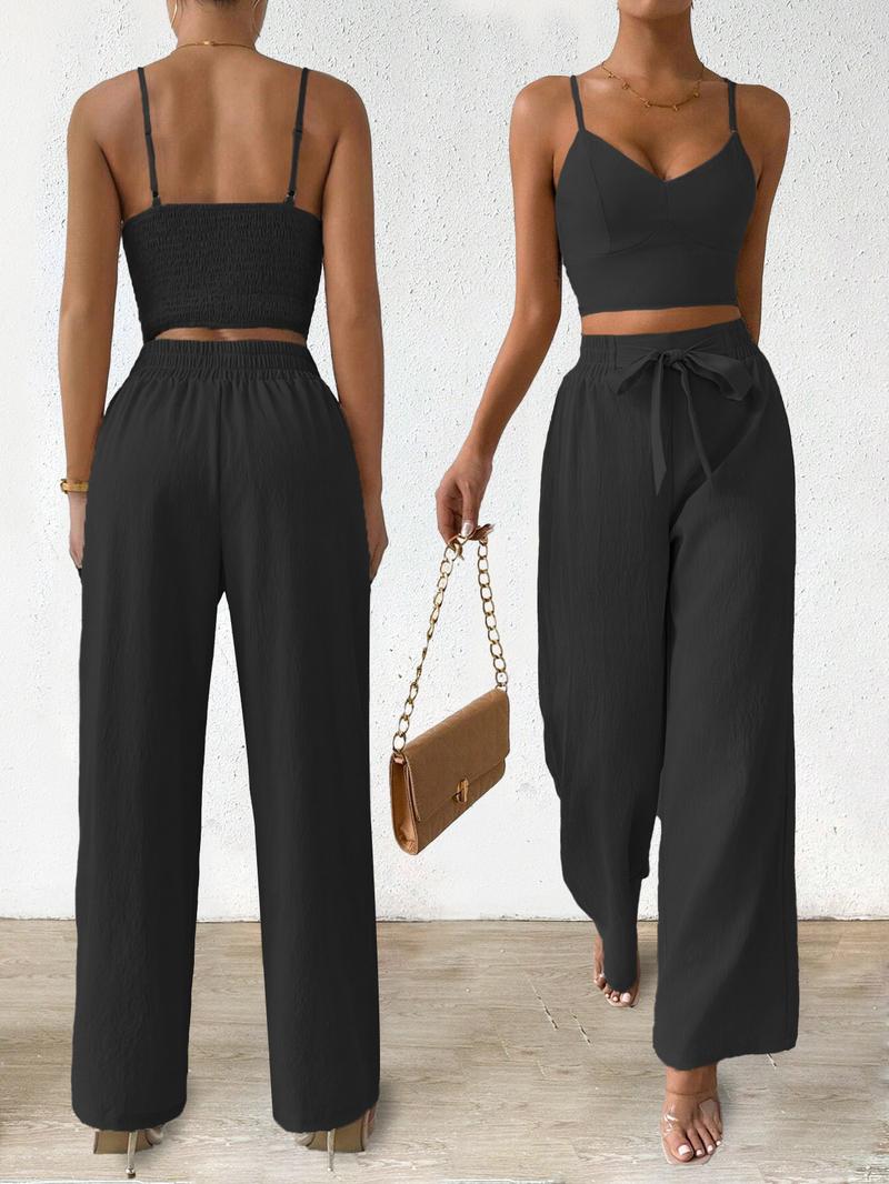 Women's Solid Crop Cami Top & Wide Leg Pants Two-piece Set, Casual Comfy Two Piece Outfits for Daily Wear, Ladies Clothes for All Seasons