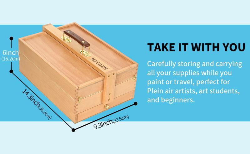 MEEDEN Artist Supply Storage Box - Portable Foldable Multi-Function Beech Wood Artist Tool & Brush Storage Box with Compartments & Drawer for Pastels, Pencils, Pens, Markers, Brushes