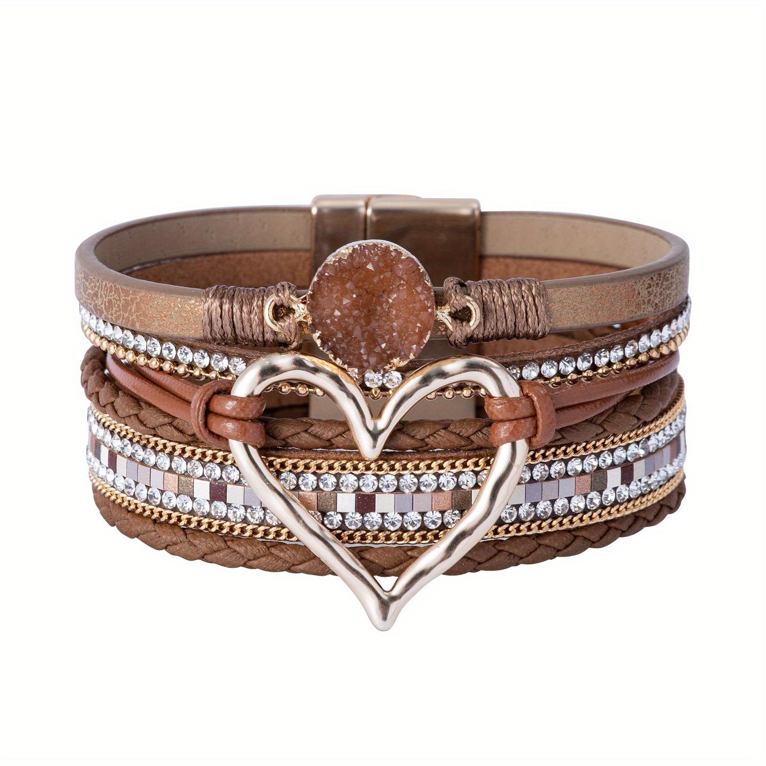 Bohemian Multi-Layer PU Leather Bracelet | Handmade Woven Gold Heart Bangle