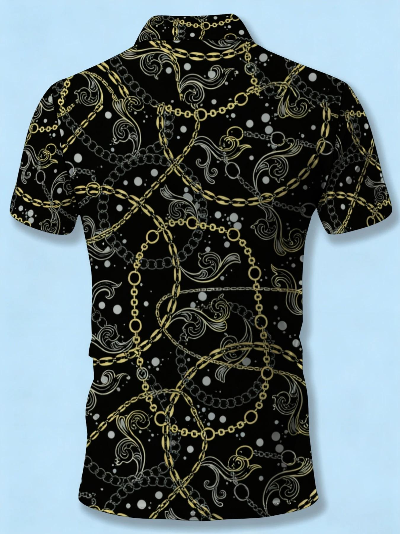 Men's Black Short Sleeve Zip Polo Shirt Gold Chain Pattern Print Fashion Casual Top