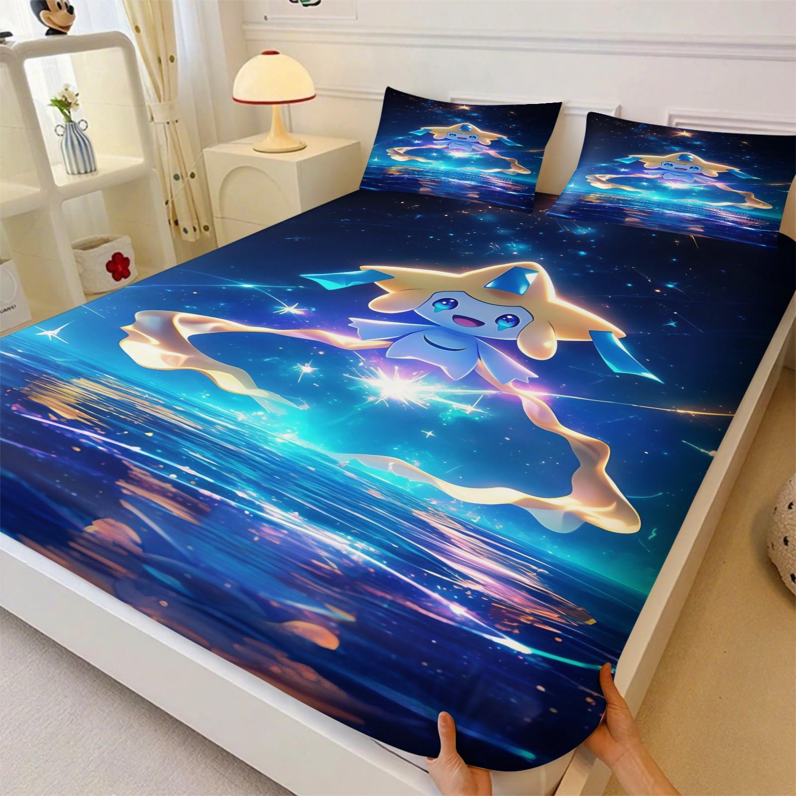 3-Piece Pikachu Pattern Fitted Sheet Set, Soft And Durable Bedding Set Includes 1 Piece Flat Sheet And 2 Pieces Pillowcases, Daily Holiday Birthday Gift Bedroom Decorations For Kids And Adults