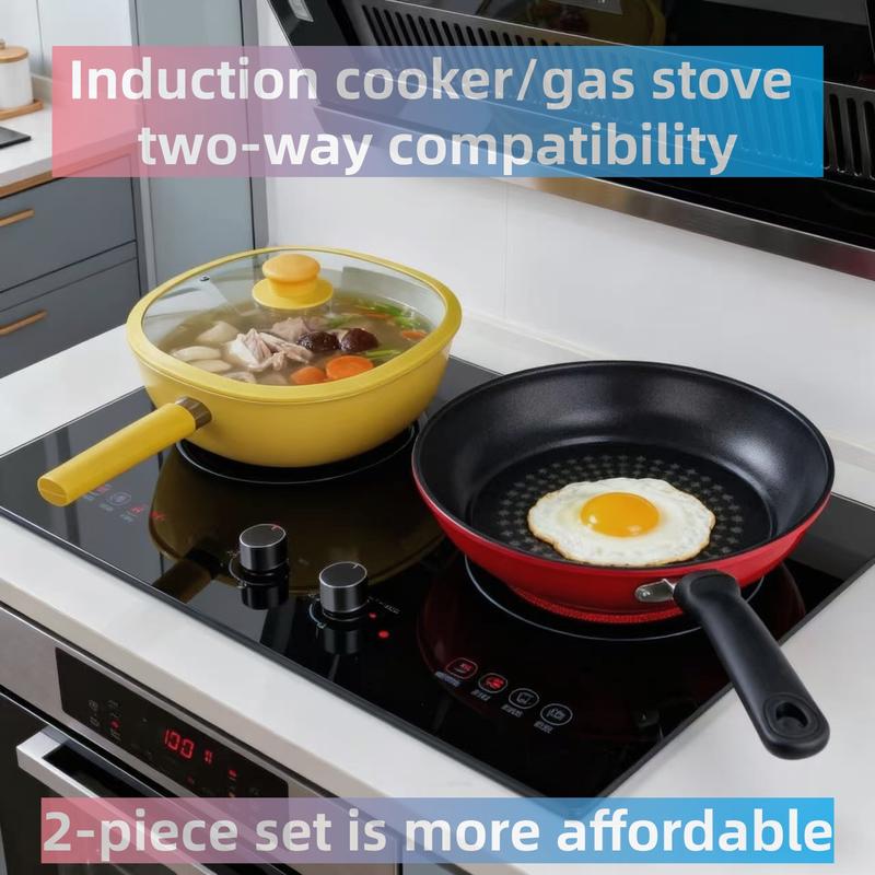 2-Piece Set (28cm Square Pan + 24cm Frying Pan) Ceramic Non-Stick Square Pan Household Gas Stove Wok Flat Bottom Stir-Fry Pan Induction Cooker Non-Stick Flat Bottom Stir-Fry Pan Kitchen Cookware Frying Pan Induction Cooker Gas Stove Universal Wok