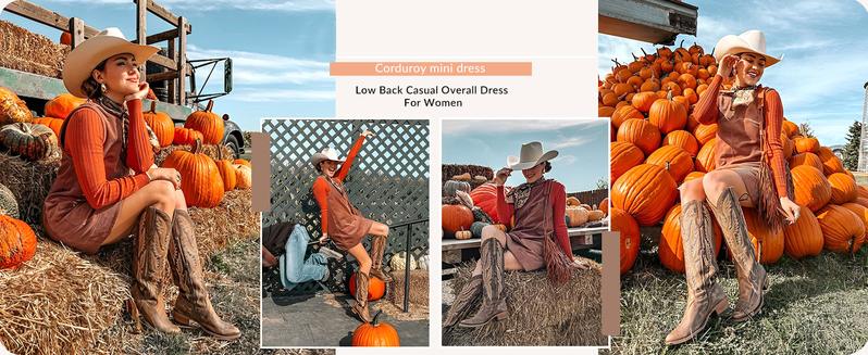 Yeokou Women's Corduroy Overall Dungarees Dress Round Neck A Line Skirtall Jumper Mini Dress Pinafore with Pockets Sleeveless Basic