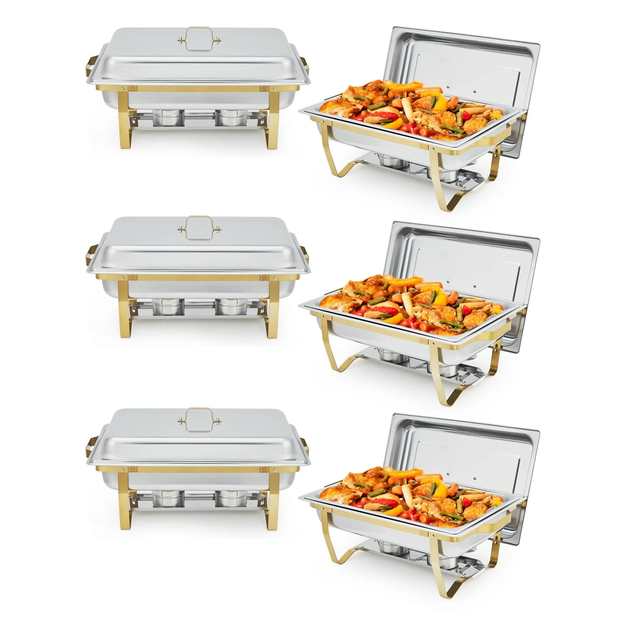 GARVEE 6 Pack 8QT Rectangular Stainless Steel Buffet Chafing Dish Set with Lids and Foldable Frames, Food Warmers for Catering, Weddings, Parties, and Events in Elegant Gold Finish
