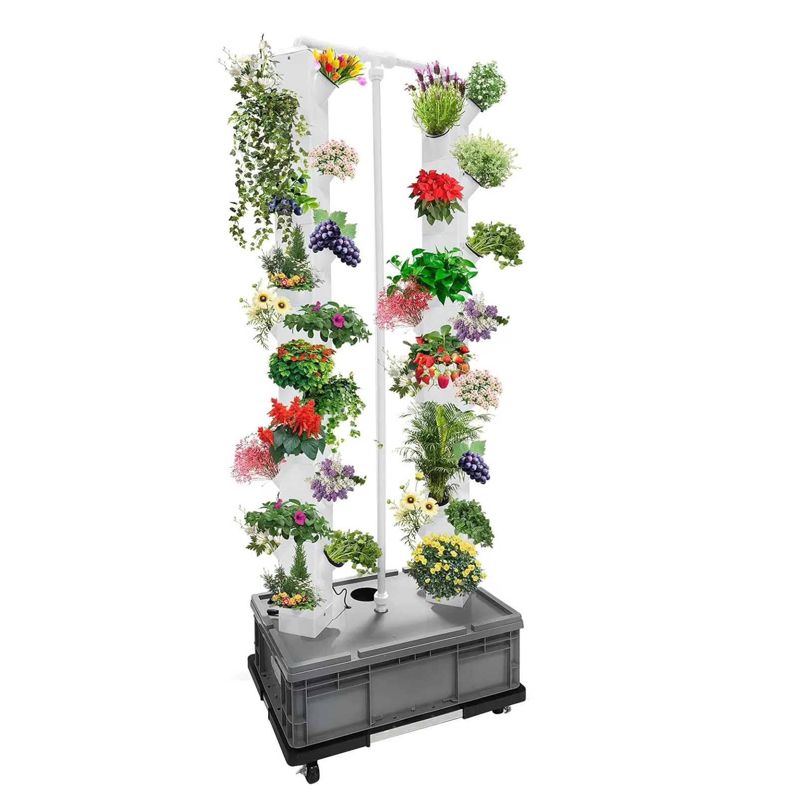Vertical Hydroponic Garden Tower – 56 Planting Holes, Double Column PVC, Water Pump, Timer, Wheel Support, 18W, 165cm Height, High-Pressure Nozzle, Easy Stacking for Soil-Free Gardening