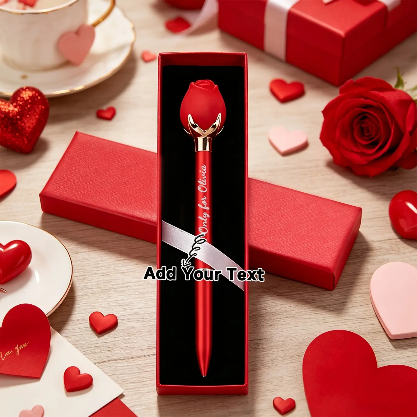 2 pieces/set customizable creative red rose Valentine's Day ballpoint pen set, personalized name/date/text ballpoint pen, including 1 rose shaped pen and 1 red gift box, smooth writing female signature pen, suitable for wedding souvenirs