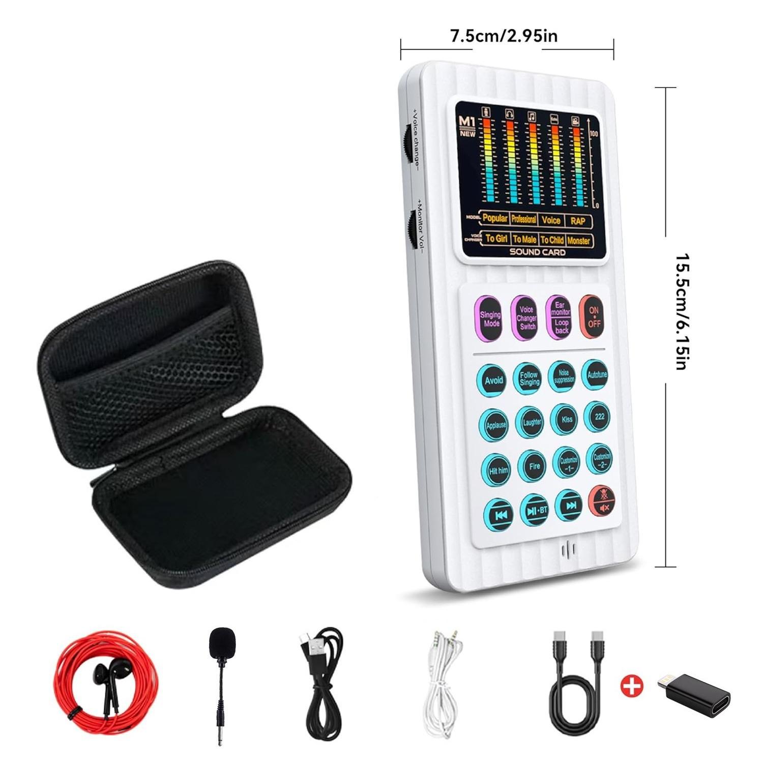 Portable Handheld Sound Card Set, Mini Audio Mixer with 12 Sound Effects, Real-Time Voice Change, Reverb & Vocal Enhancement, Bluetooth/AUX/Type-C/iOS Compatible, Condenser Mic & Monitor Headphone Bundle for PC Mobile Phone, Perfect for Podcast, Singing,