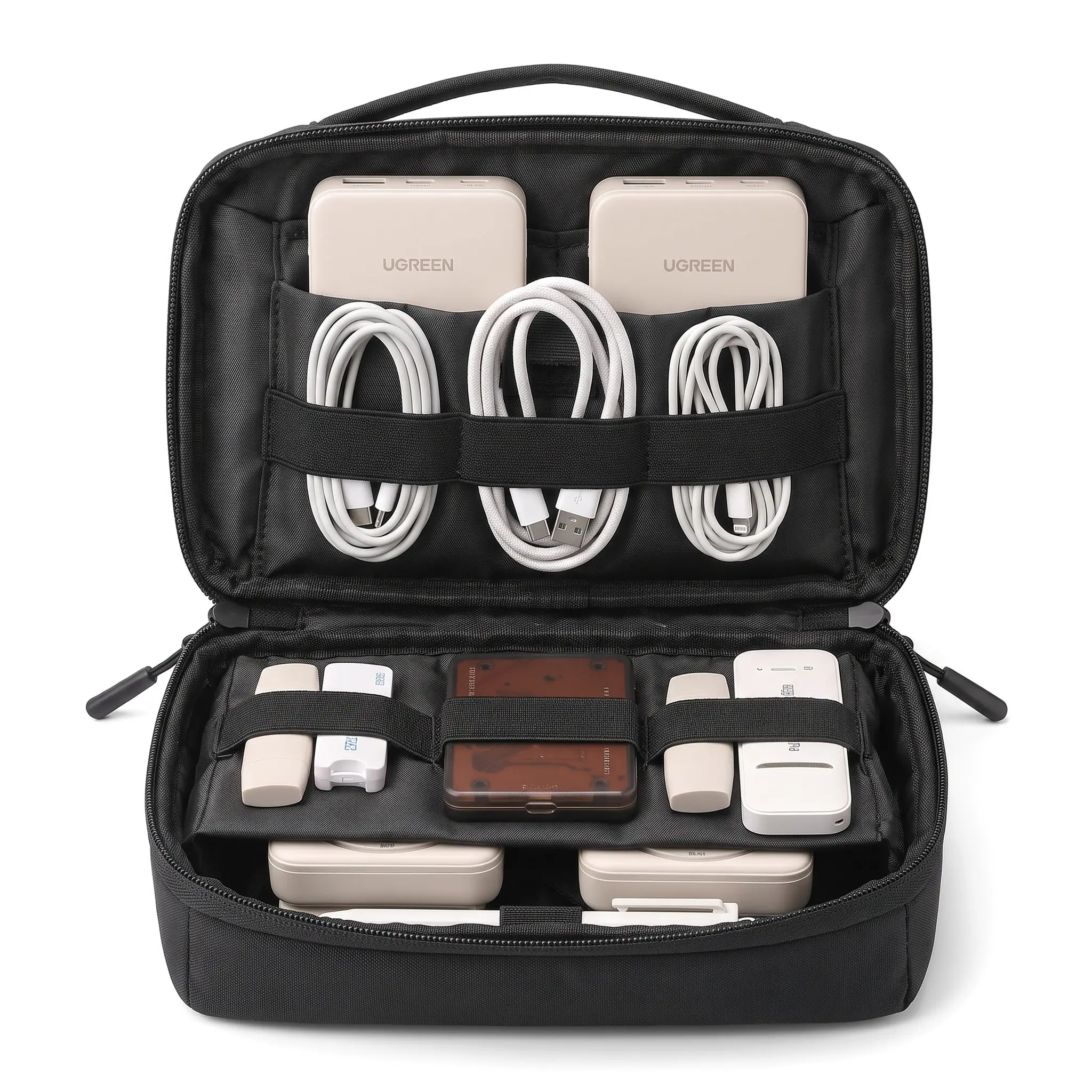 Nylon-Poly Travel Tech Organizer Pouch - Compact Cube Storage Bag for Earphones, Charger Cables, Power Banks (Small/Large Sizes, Modern Minimalist Design) for Daily/Travel Commute & Home Desk Organization (Beige, Dark Gray, Black)