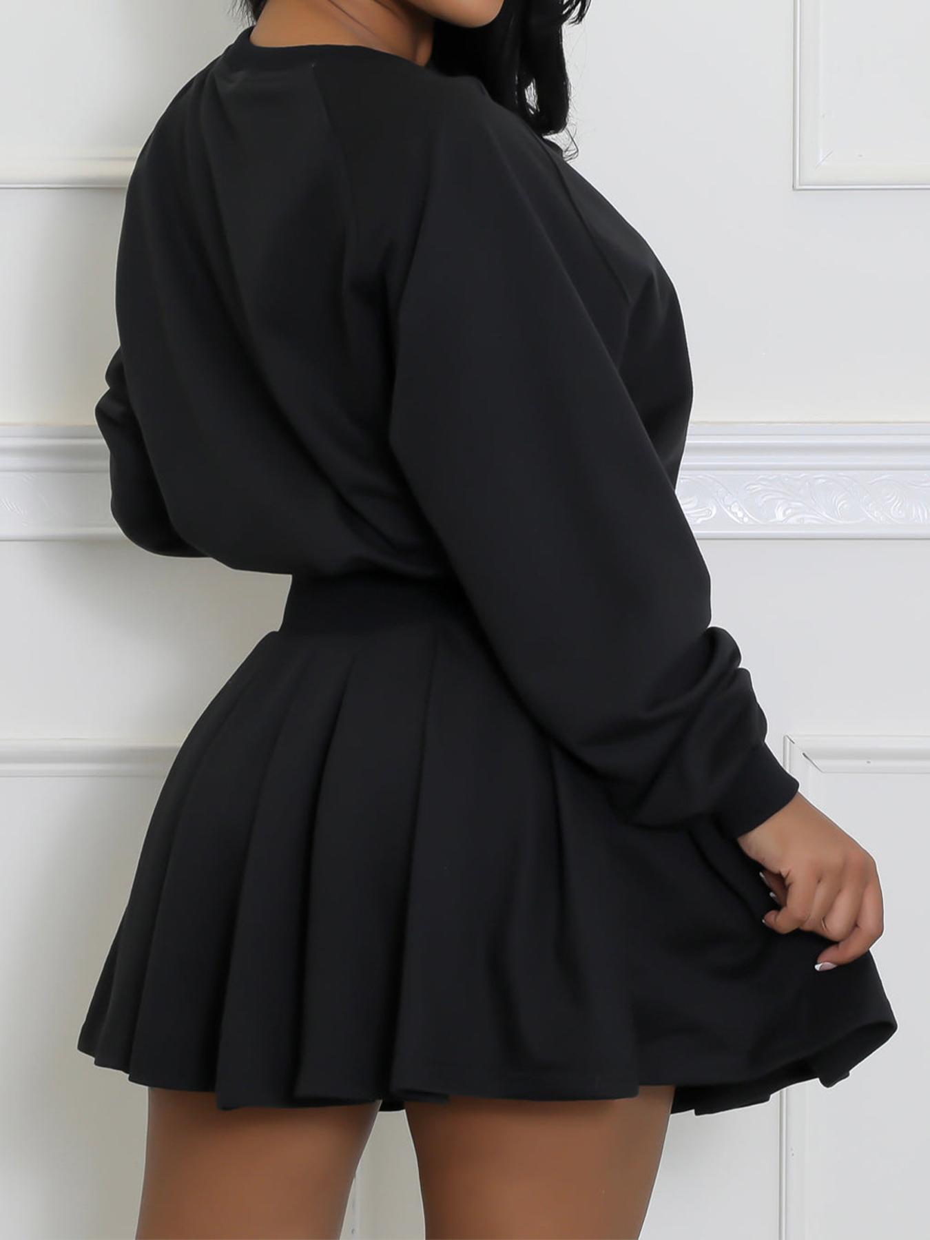 Women's Fashion Casual Set, Autumn Winter New Style Hoodie Long Sleeve Pullover Top and Pleated Mini Skirt