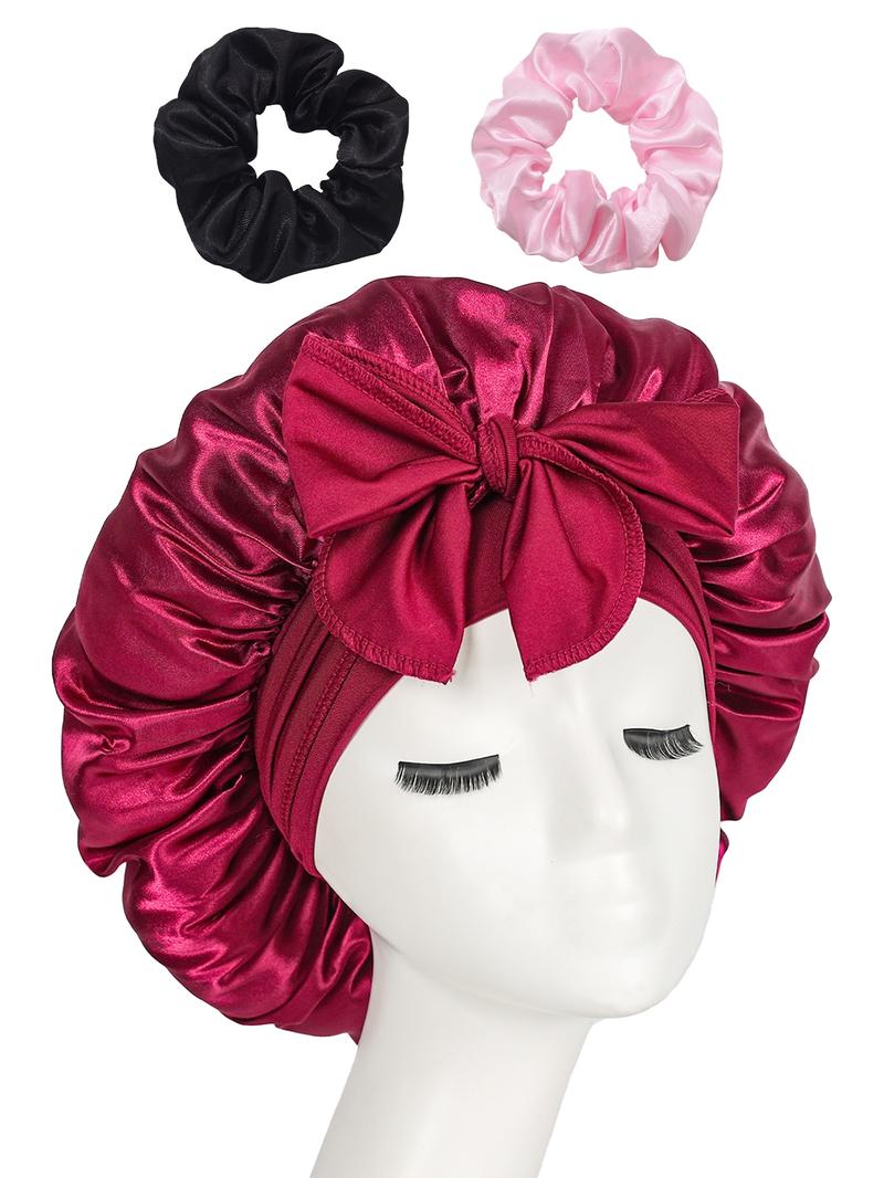 Women's Satin Bonnet with Tie, Soft Breathable Sleep Cap, Fashionable Plain Color, Comfortable Hair Protection Hat + 2 Silk Hair Ties