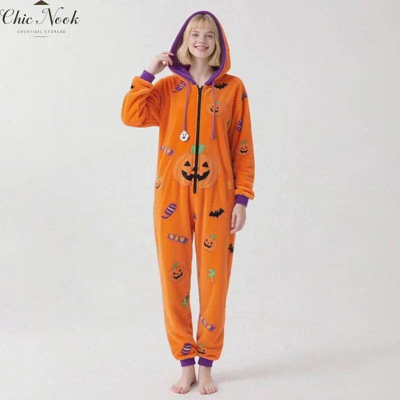 Women Halloween Fleece Pajamas Jumpsuit Pumpkin Hooded Long Sleeve Pants Romper Warm Holiday Sleepwear