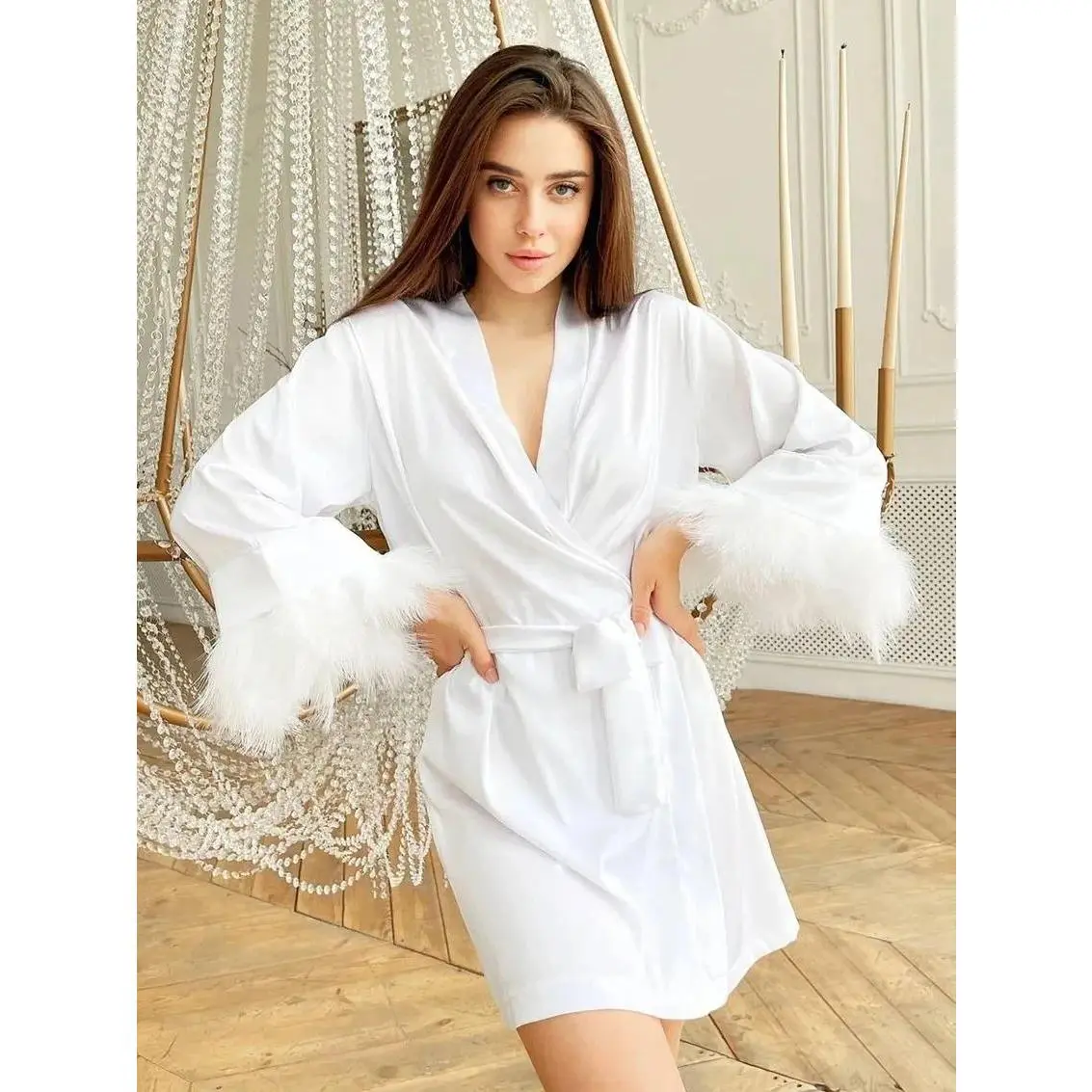 White Feather Robe With Fur Full Sleeves Sleepwear Satin Robes For Women Nightgown Bride Robe Gown Dress Bathrobe Female