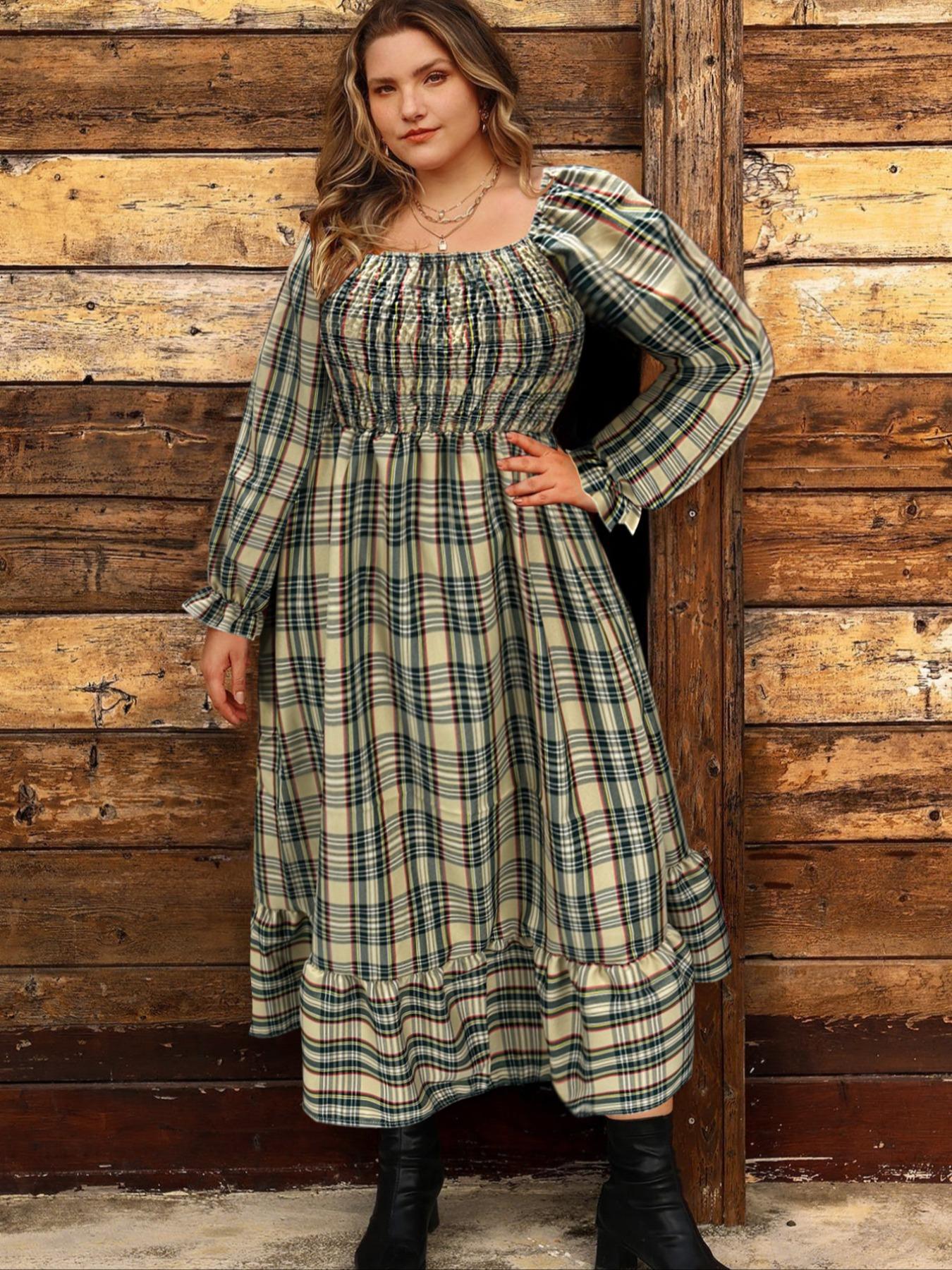 Christmas Plus Size Plaid Long Sleeve Dress for Women, Casual Loose-Fitting A-Line Dress, Fall & Winter Fashion, Comfortable Daily Wear, Boho Fashion Dress