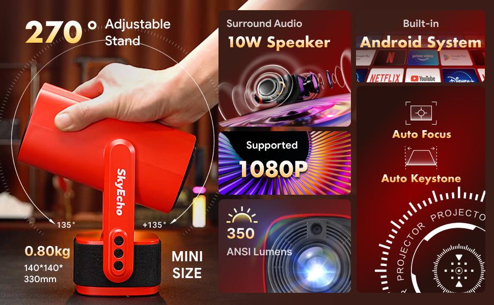 SkyEcho Portable Gimbal Projector. 270° Rotating Universal Motion Mount. Auto Focus & Keystone Correction. 4K Hardware Decoding. dual WiFi 6. Android OS. Bluetooth 5.2. Wireless Screen Mirroring & Casting.Projector for bedroom Audio