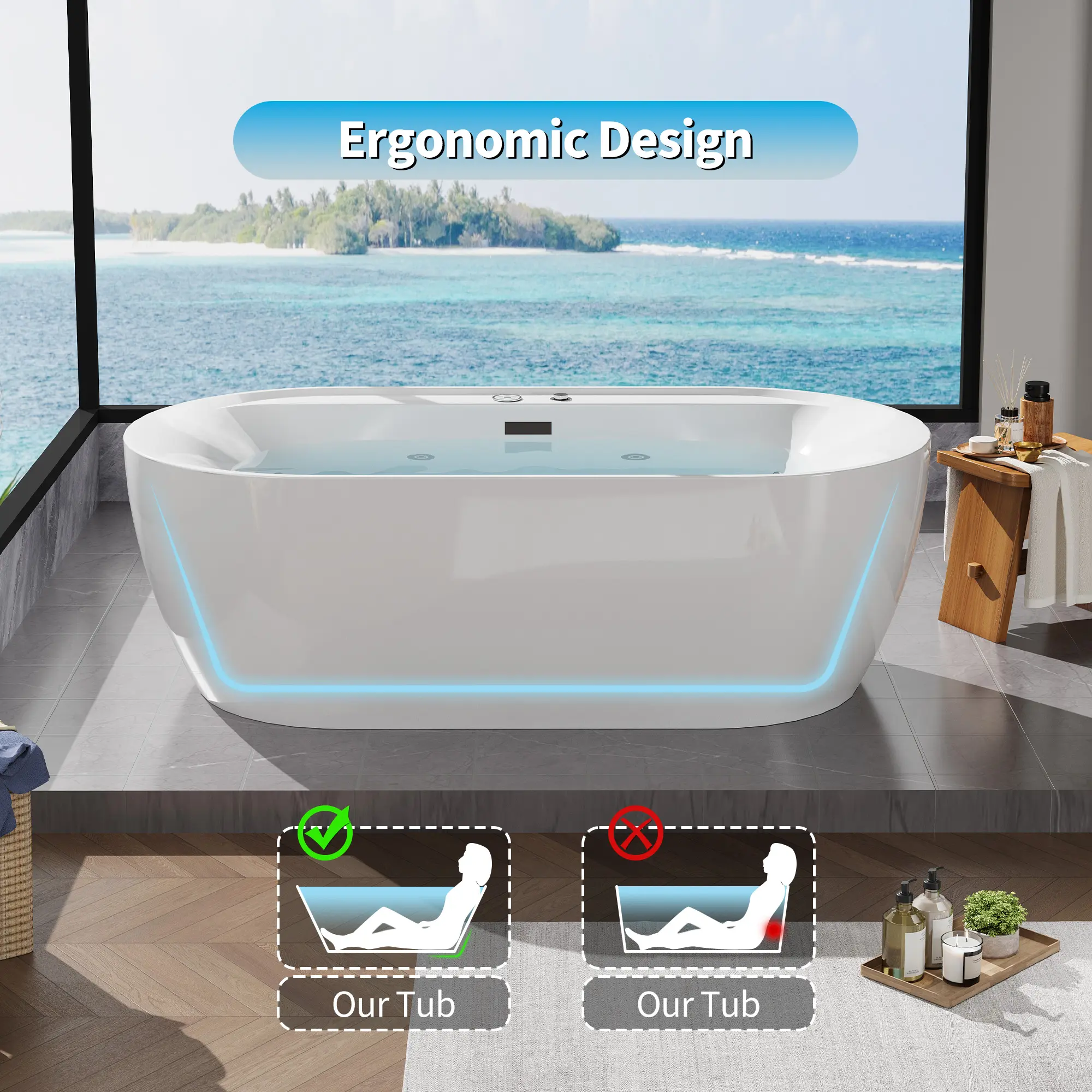 Freestanding Acrylic Heated Hydrotherapy Bathtub, 71 Inch Ergonomic Deep Soaking Spa Tub with Air Bubble HydroJet, Multi-Color LED Lights & Digital Control Panel, Modern Bathroom Upgrade