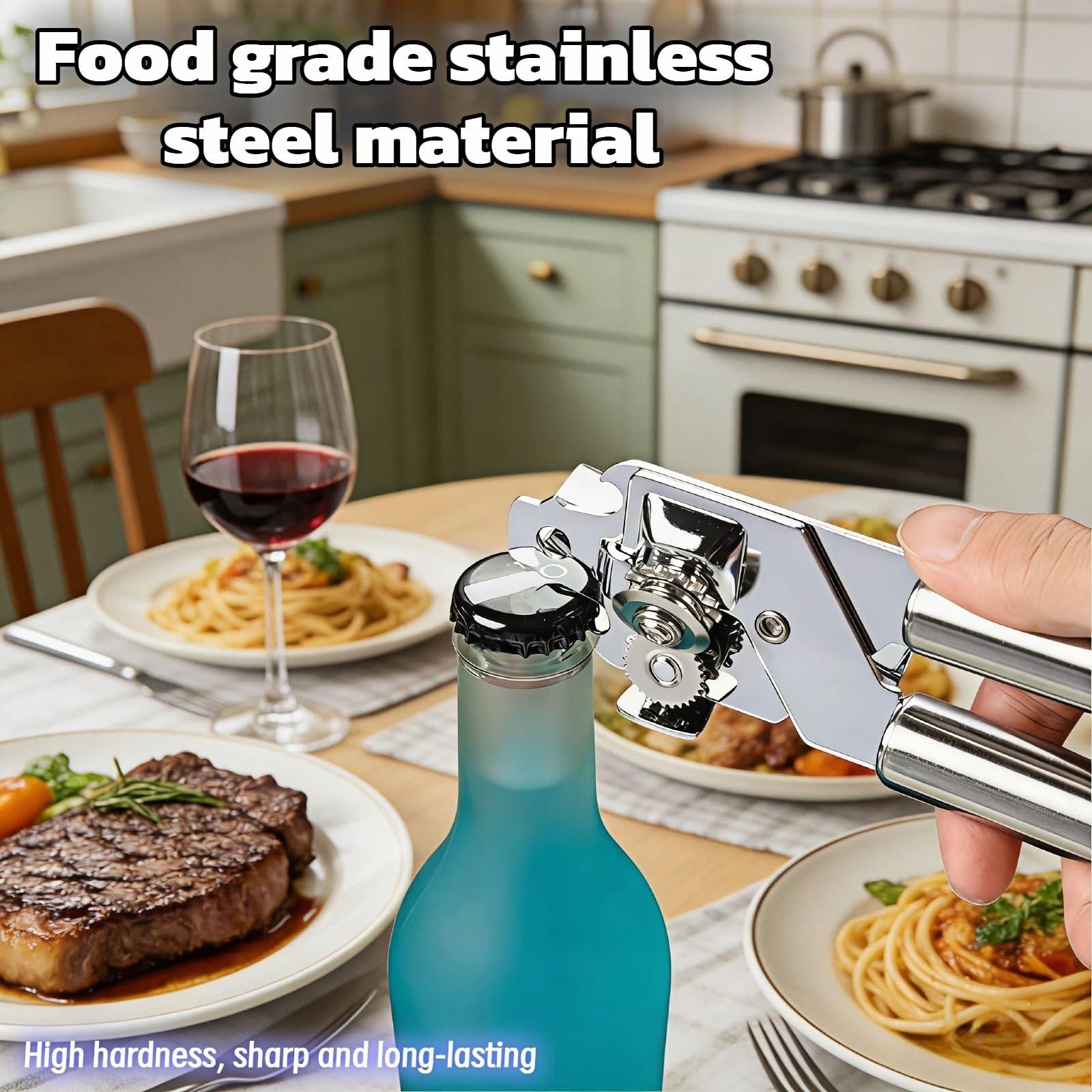 Stainless Steel Manual Can Opener, 3-In-1 Multifunctional, High-Carbon Steel Cutting Wheel, Ergonomic Handle, 7.28 Inch, for Food Cans and Bottles
