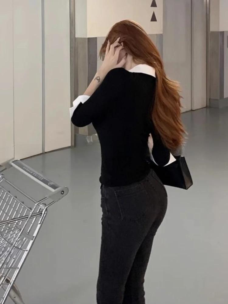 Korean Chic Design Fake Two Pieces Long Sleeves Shirt Women Spring 2025 New Elegant All Match Slim Fit Base Tops Office Clothes