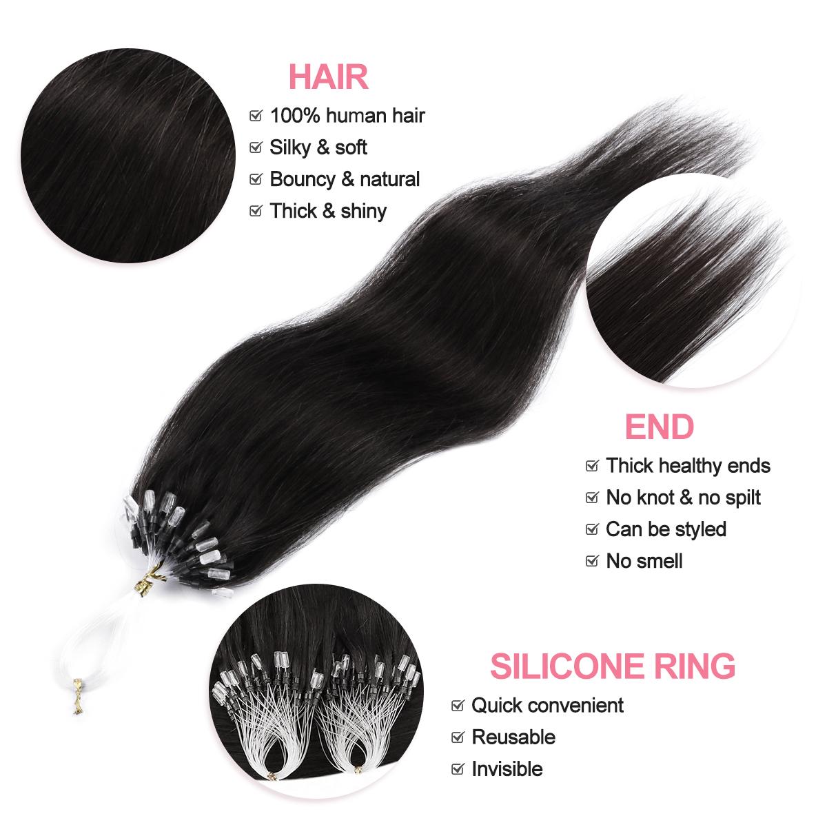 Micro Loop Hair Extensions 50 Strands Micro Beads Hair Extensions, Nano Ring Links Human Hair, 13 Colors, Natural Straight, 12-22 Inch, Adds Volume & Length  30G