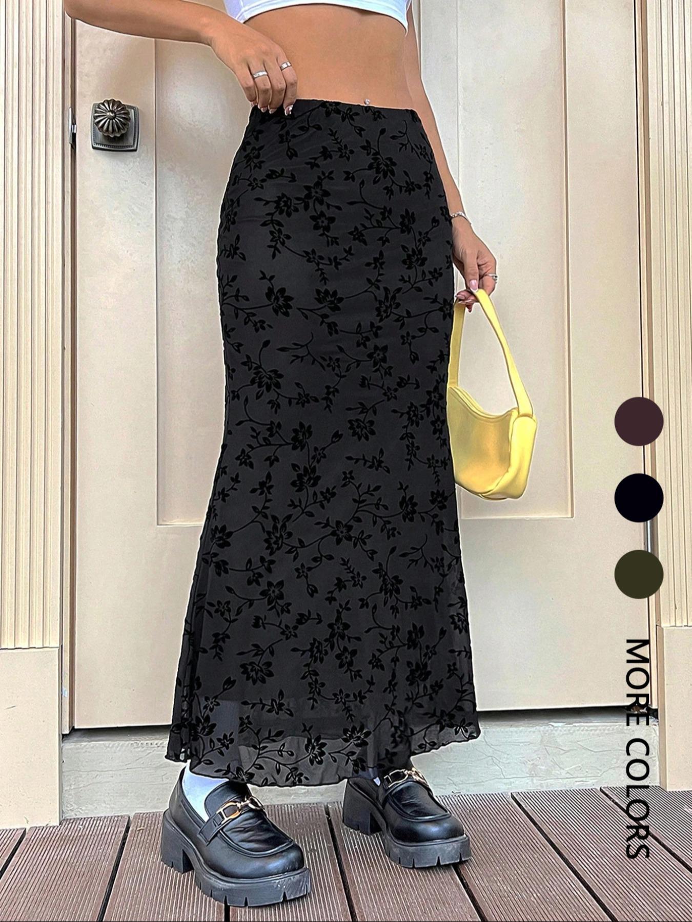 Women's Floral Print Fish Tail Hem Maxi Skirt, Casual Fitted Long Skirt, Plain Pattern Design, Perfect for Daily Wear & Stylish