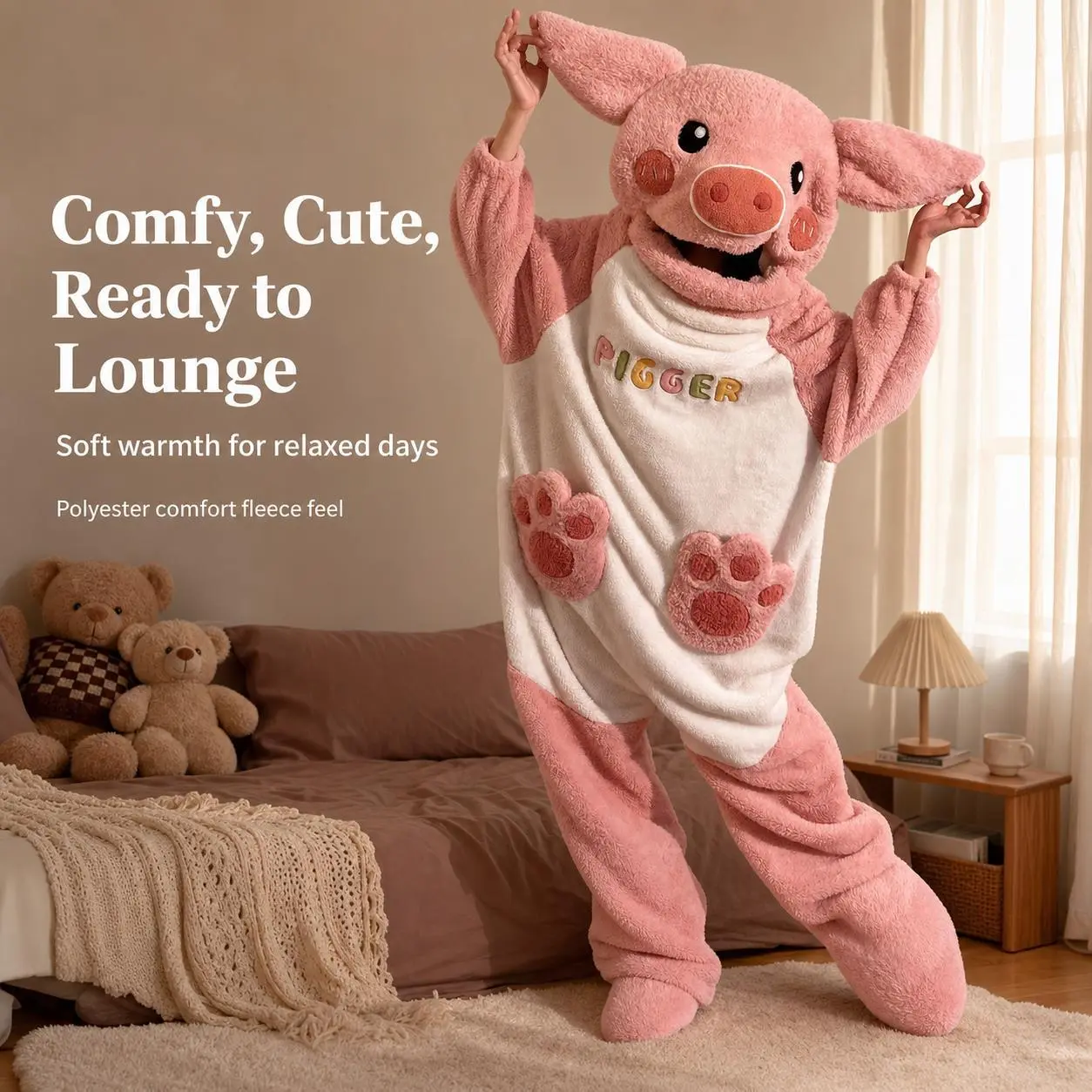 Adult Pink Pig Onesie Pajamas Soft Fluffy Sherpa Cartoon Pig Kigurumi Hooded Jumpsuit Unisex Animal Cosplay Costume Halloween Loungewear For Men Women