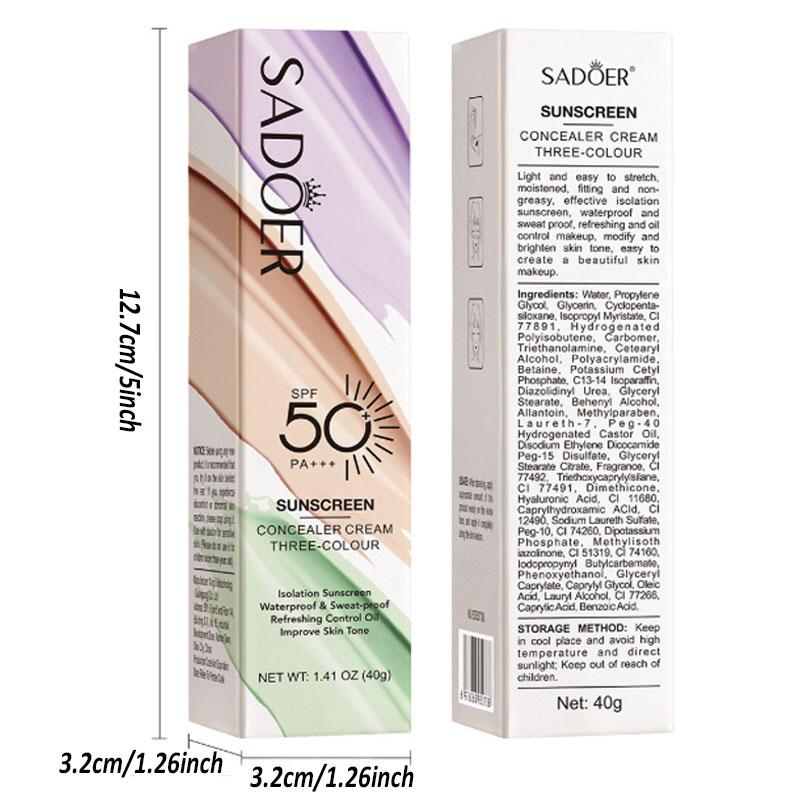 Three-Color Protective Isolation Cream with SPF 50 Coverage, Brightening & Oil-Control Moisturizer for Color Correction, Waterproof & Sweatproof Makeup Base