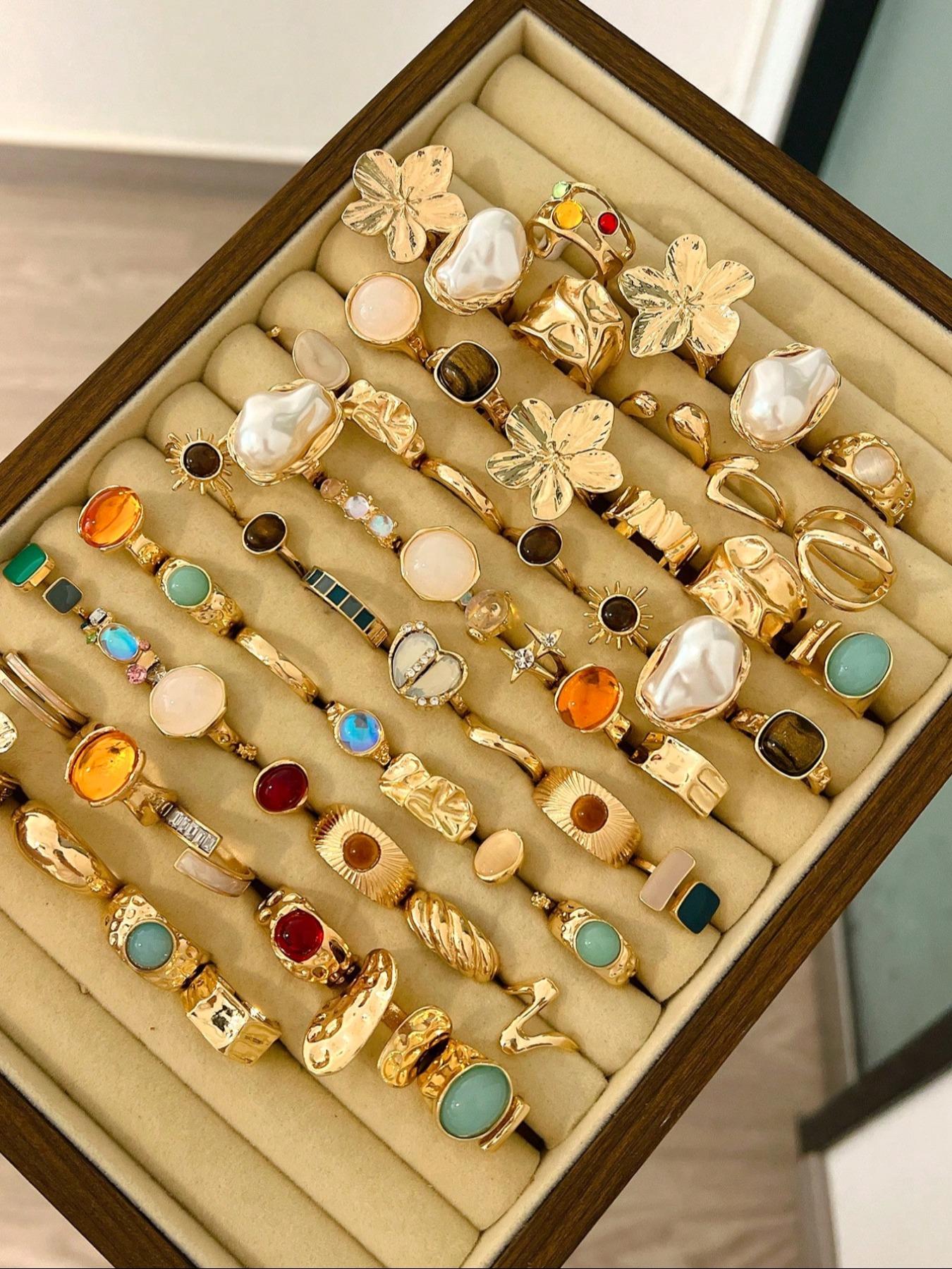 Women's Boho Ring Set, Jewelry Ring, Boho Style Rings, Vintage Elegant Design, Floral Bow Heart Rhinestone Moon Star Geometric Cat Eye Stone, Party Daily Wear Gift