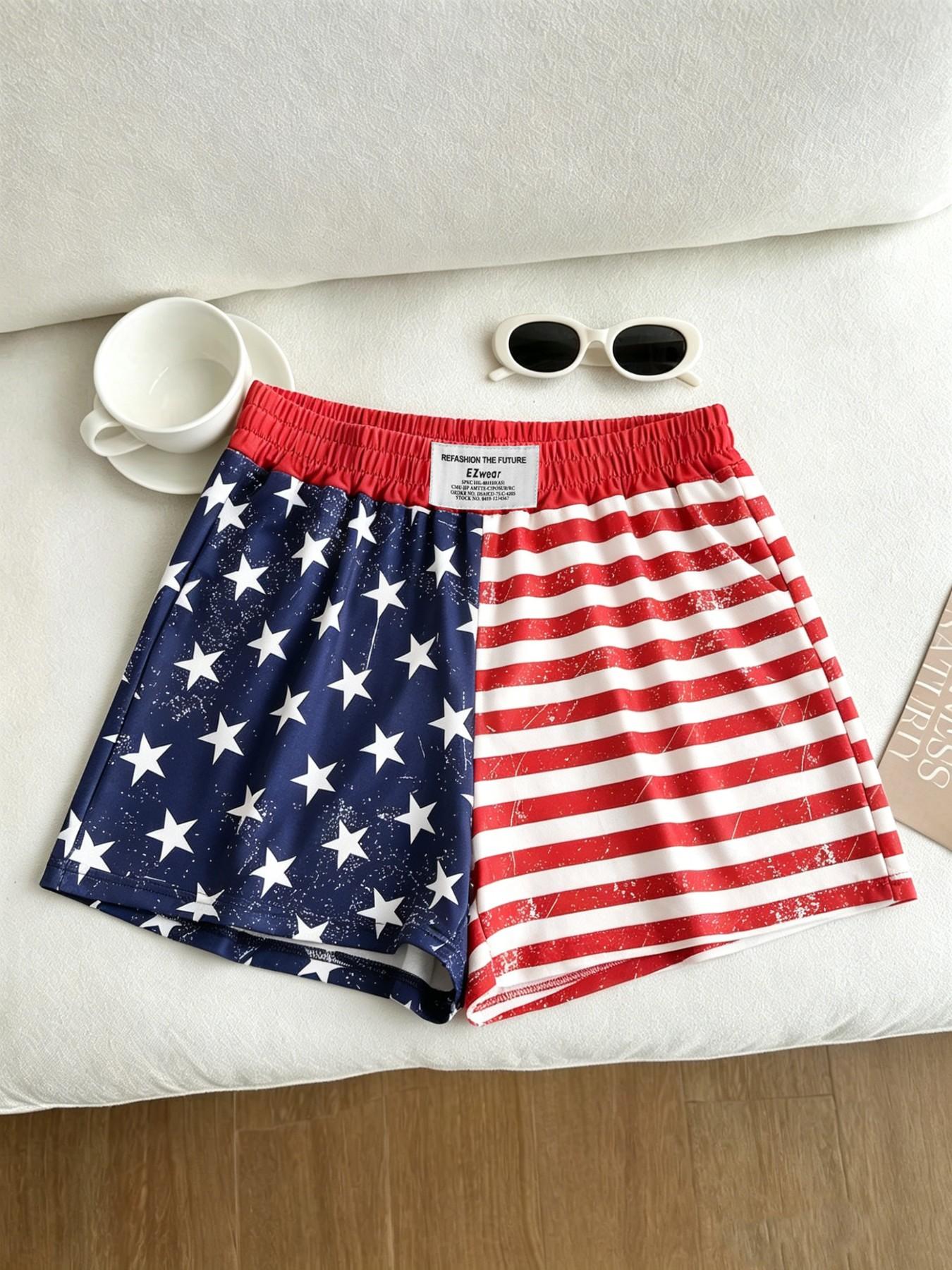 American Vintage Flag Brief Shorts, Y2K Elastic Waist, Loose-Fitting Casual Style, All over Print, Summer Fashion, Youthful Look