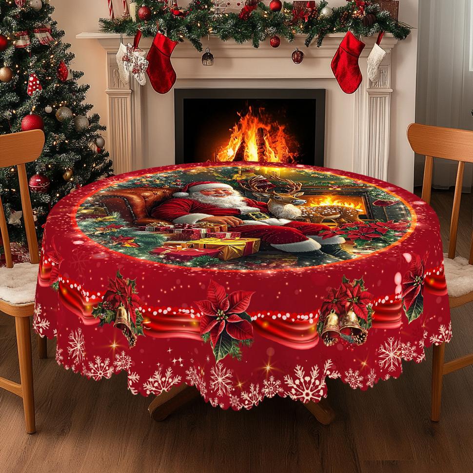 PLUMLIK Red Christmas Tablecloth with Santa Claus, Reindeer, Snowman Patterns, Christmas Decor 2025, Christmas Party Decoration for Indoor&Outdoor, Vintage Round Rectangular Table Cloth, Holiday Home kitchen Festive Decor, Christmas Gifts