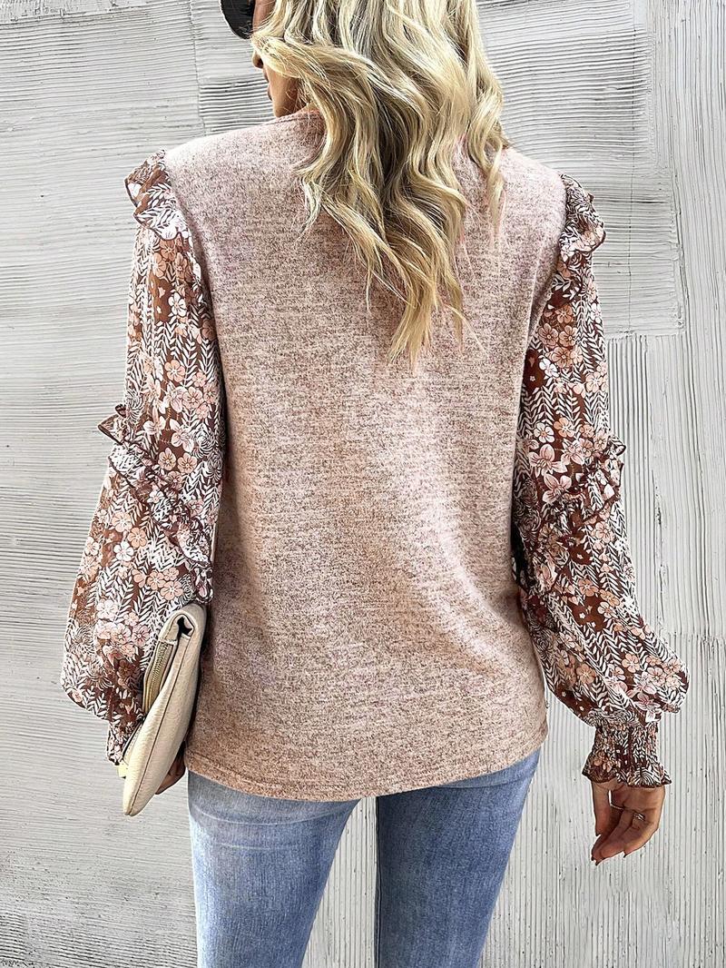 Women's Round Neck Lantern Sleeve Floral Print Patchwork Casual Cute Fall T-Shirt, Long Sleeve Top for Autumn Fashion