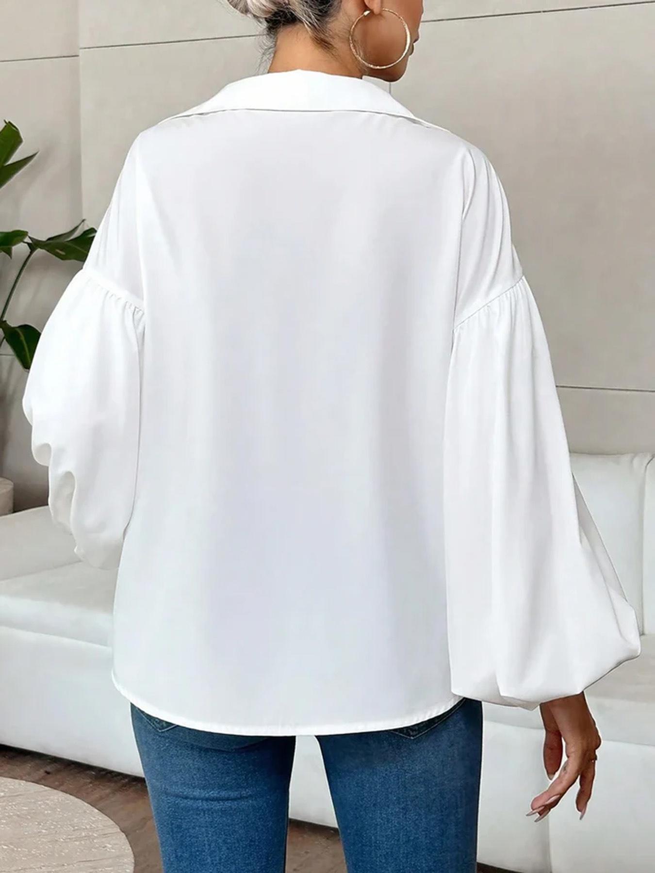 Women's Casual Versatile V-Neck Puff Shirt，Long Sleeves Solid Color Blouse , Stylish and Comfortable, Perfect for Daily Wear, Ladies Fashion Essential
