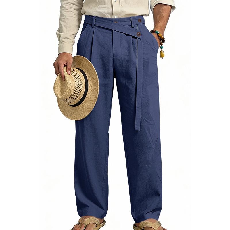 Men's 2026 Spring Summer Plain Linen-Cotton Fabric Wide Leg Trouser, Irregular Cross Buckle Waist, Loose Fit for Big-Tall Menswear, Ideal for Beach Vacation & Daily Commute (Polyester-Blended Option Available)