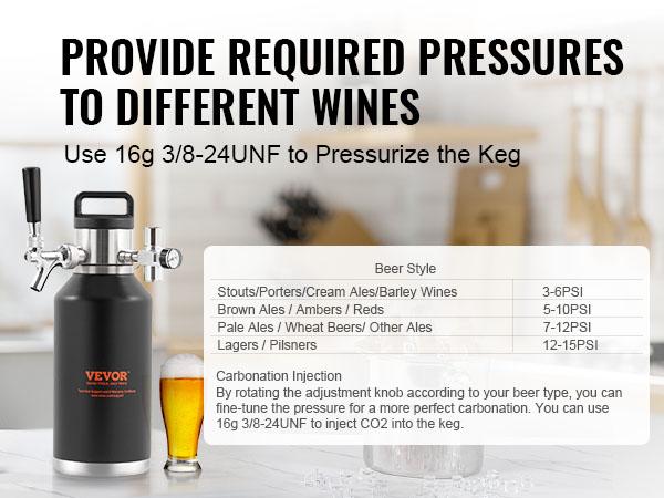 VEVOR Beer Growler Tap System, 64Oz 1.89L Mini Keg, 304 Stainless Steel Pressurized Beer Growler, Keg Growler with Pressure Display, CO2 Regulator Faucet, Leak-Proof Ring For Draft Homebrew Craft Beer